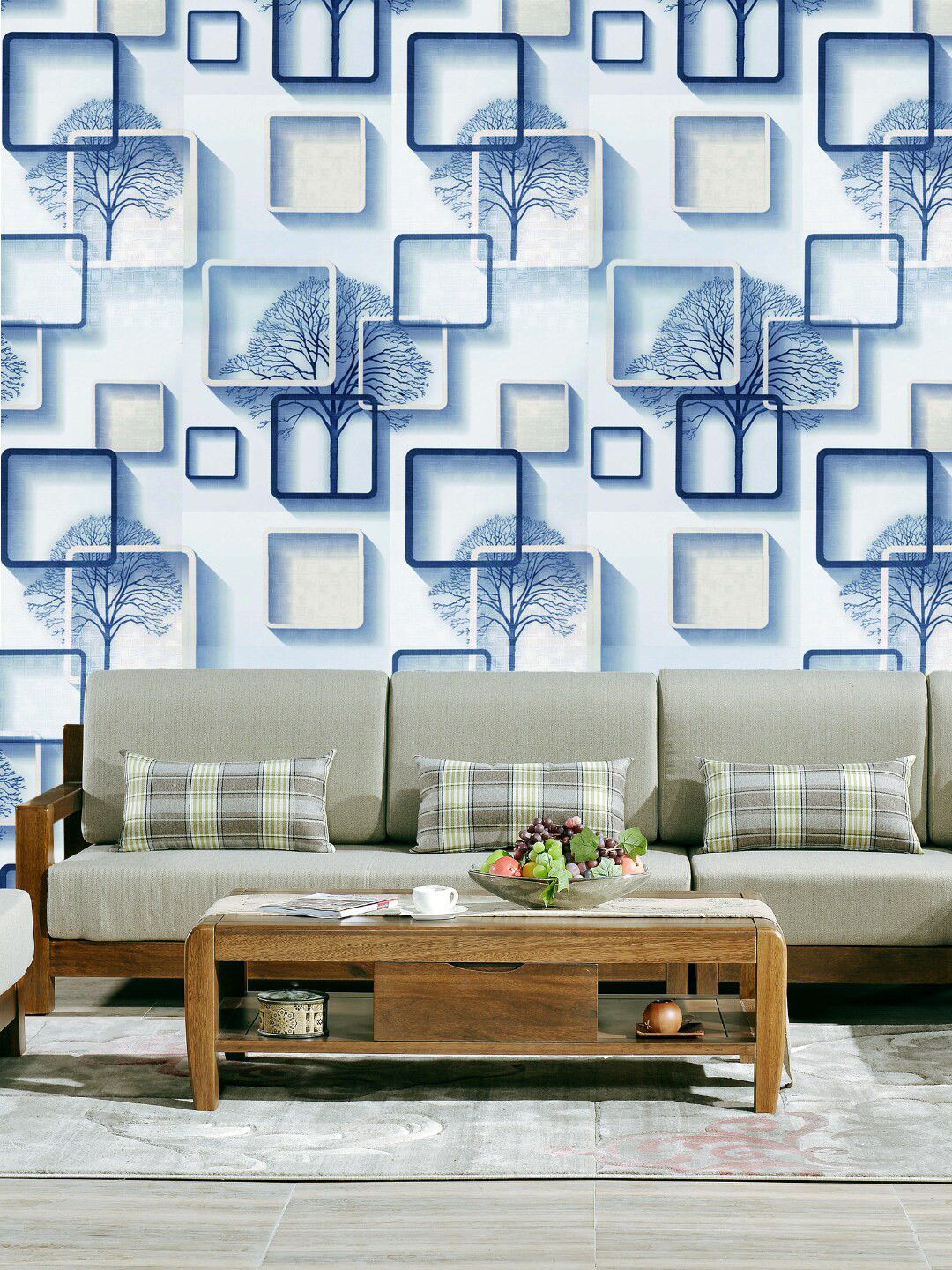 Jaamso Royals Blue & White Square Design Self Adhesive Wallpaper