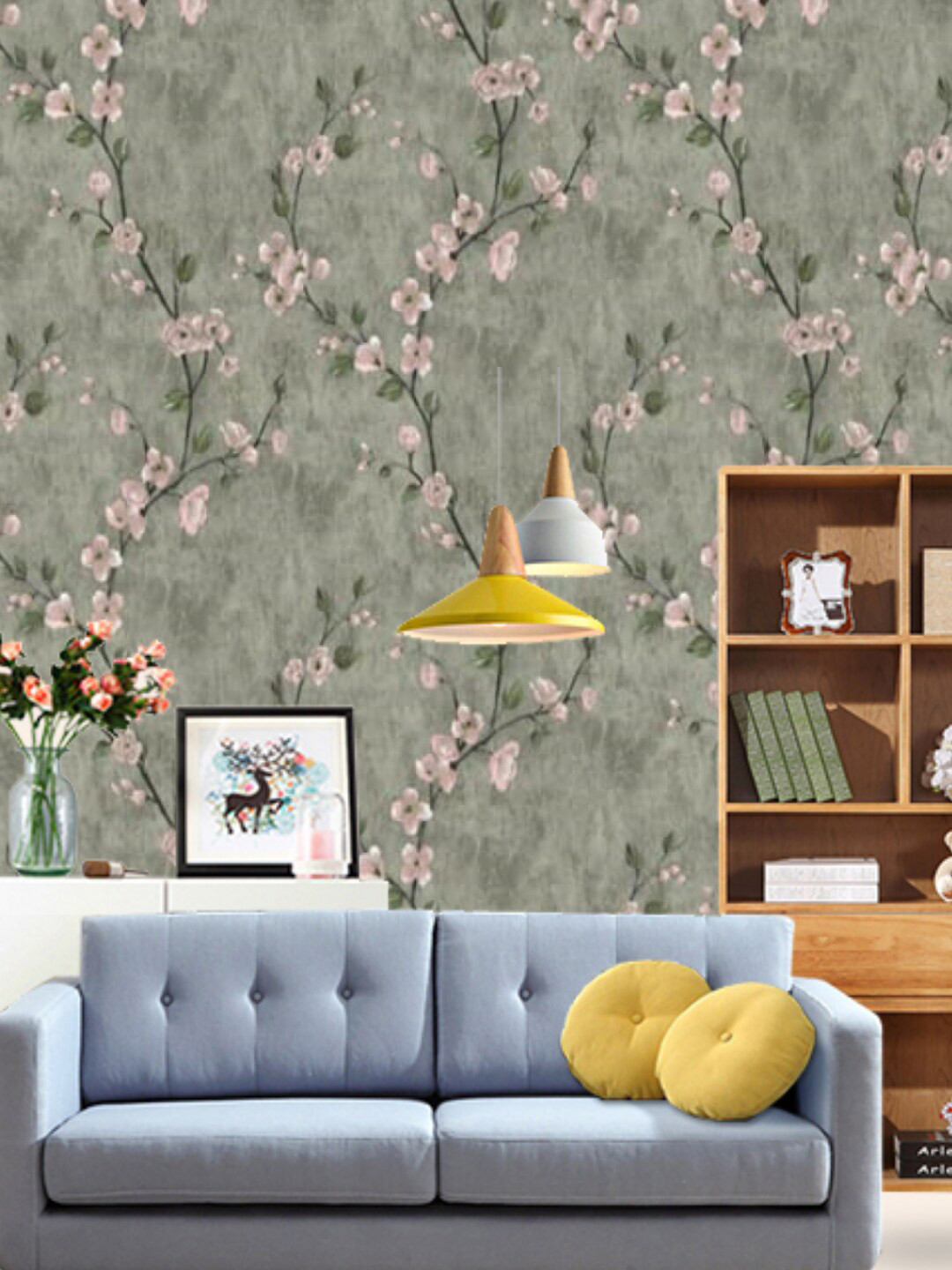 Jaamso Royals Olive Green & Pink Floral Print Vinyl Self Adhesive Wallpaper