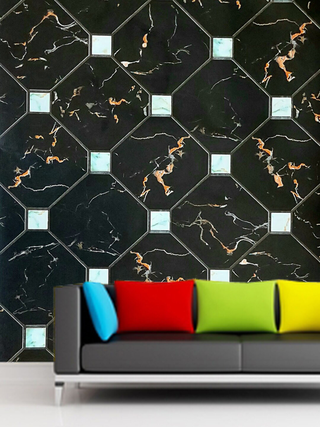 Jaamso Royals Black Marble Tiles Vinyl Self Adhesive Wallpaper