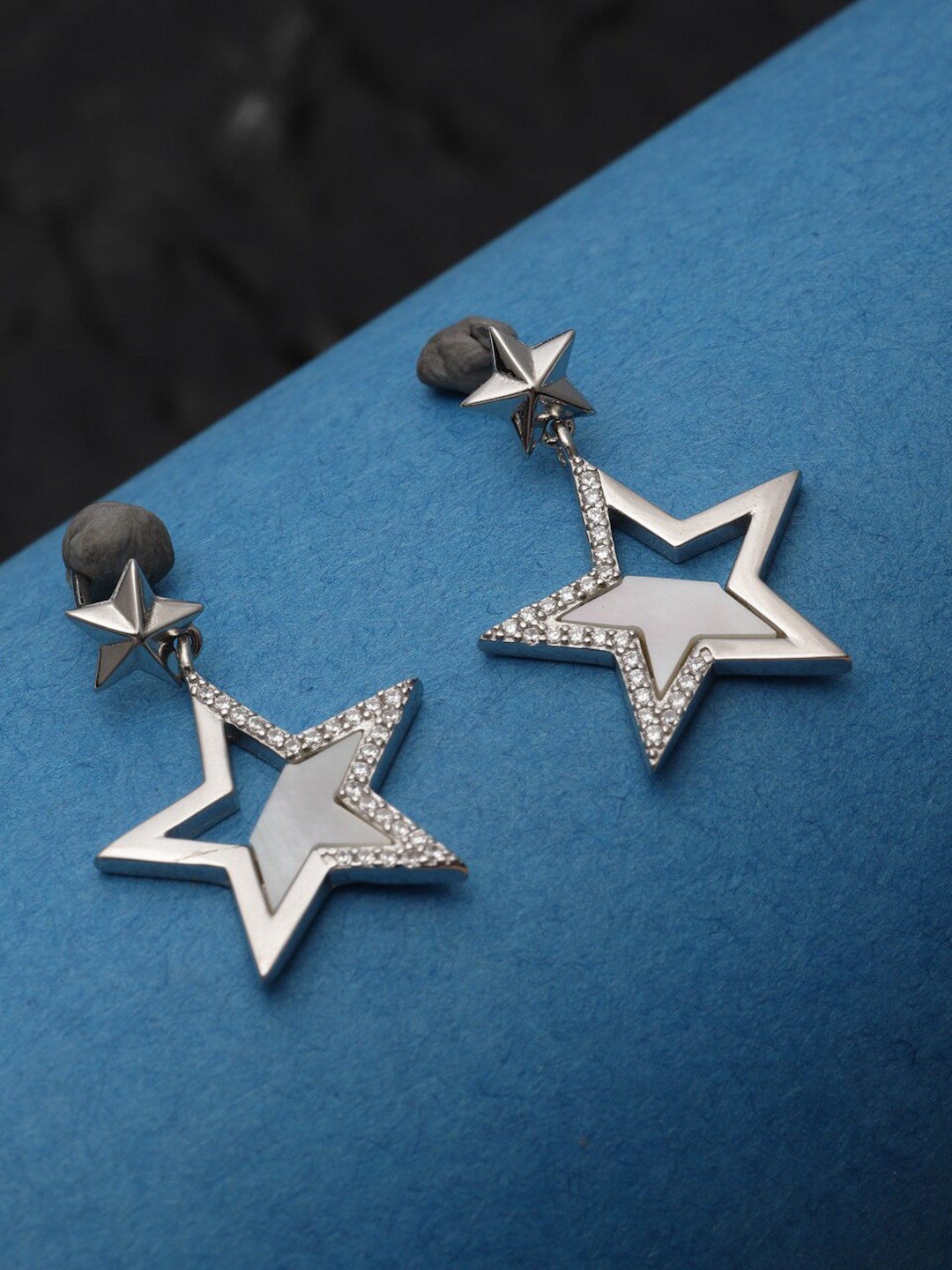 Pissara by Sukkhi Rhodium-Plated Cubic Zirconia Star Shaped Drop Earrings