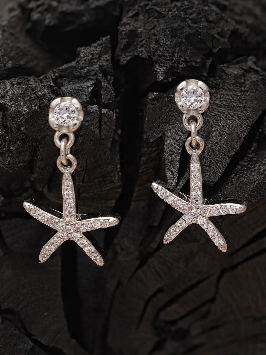 Pissara by Sukkhi Rhodium-Plated Cubic Zirconia Star Shaped Drop Earrings