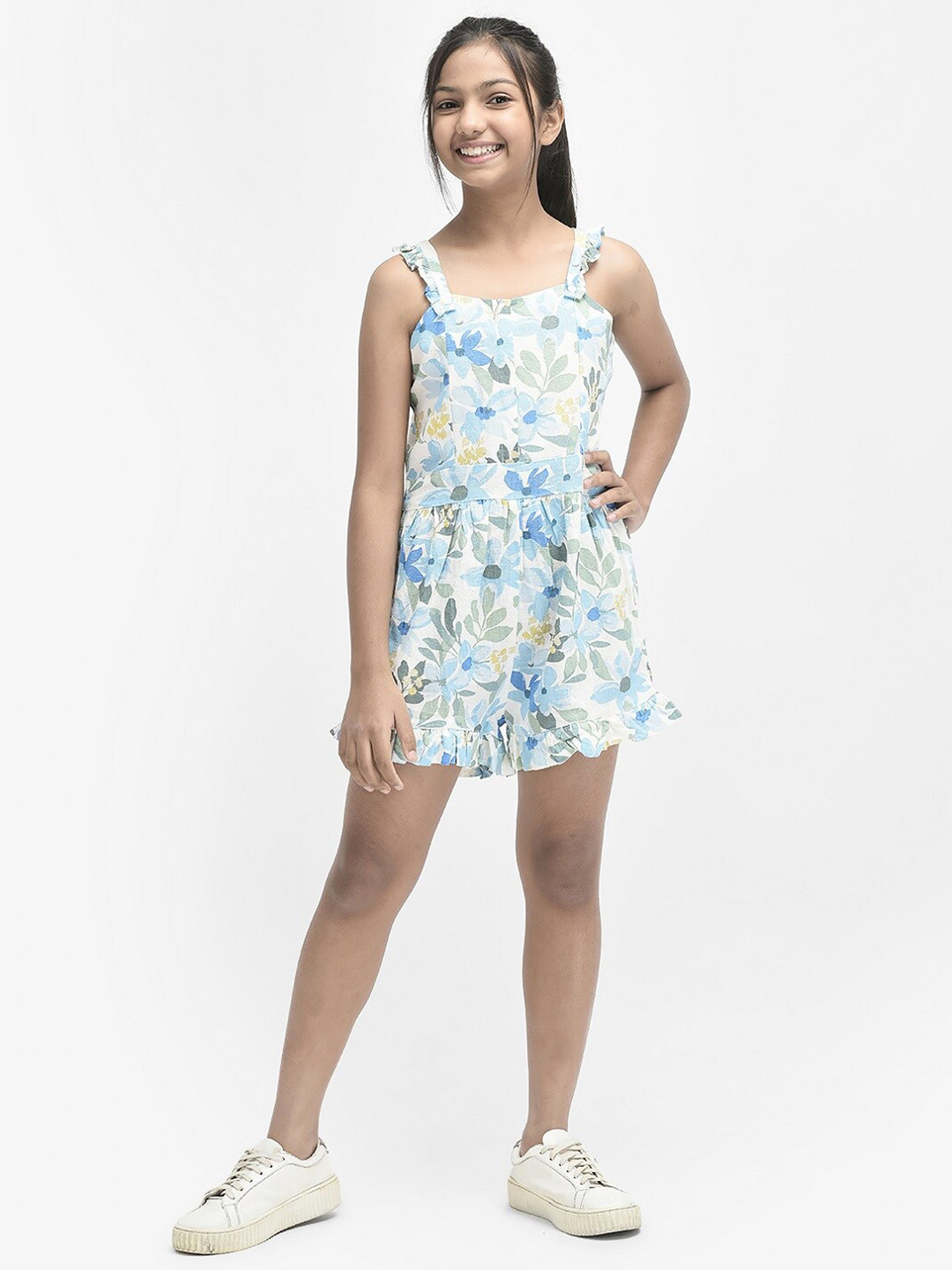 Crimsoune Club Girls Floral Printed Ruffles Playsuit
