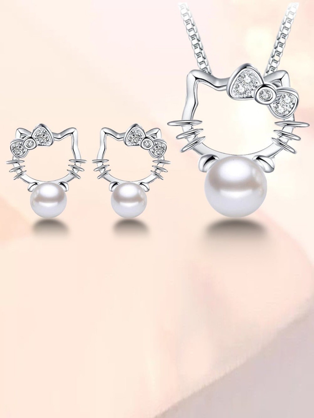 MYKI Silver-Plated CZ-Studded Kitty Cat Pearl Pendant With Earrings