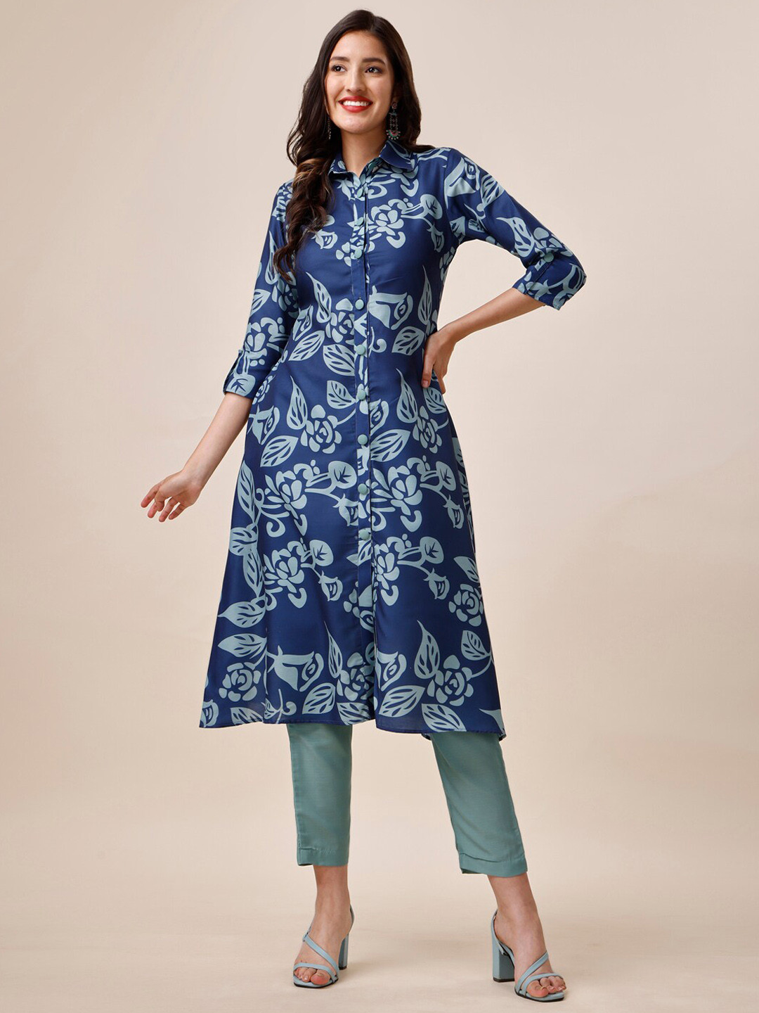 Inddus Blue Floral Printed Shirt Collar A-Line Kurta With Trousers