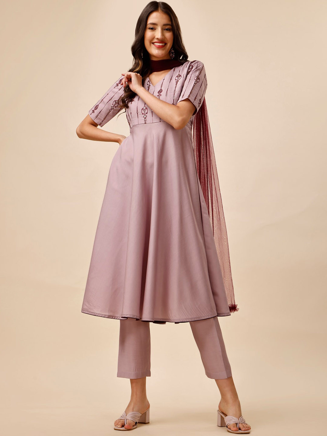 Inddus Lavender Ethnic Embroidered Chanderi Cotton A-Line Kurta & Trousers With Dupatta