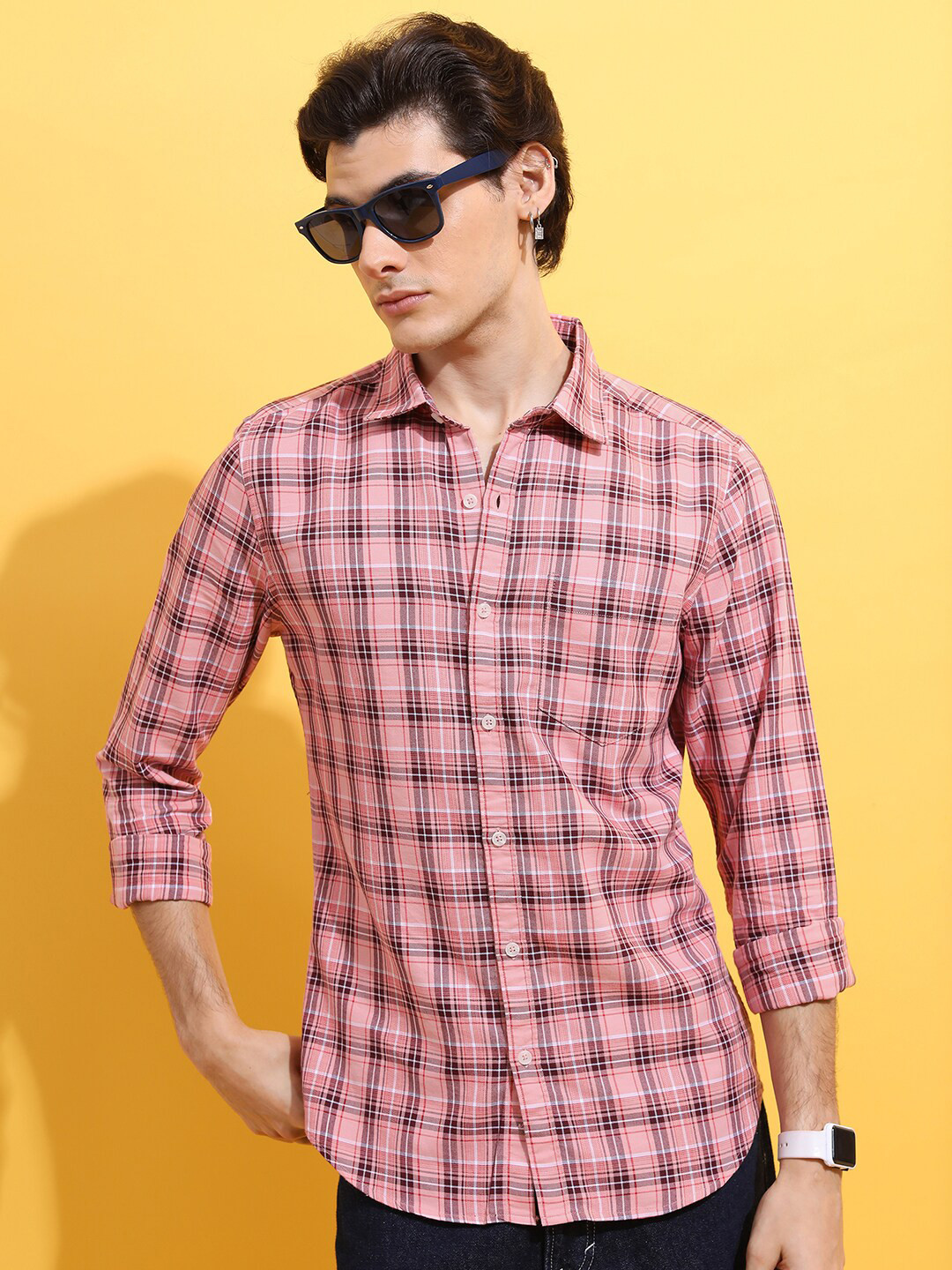HIGHLANDER Men Peach-Coloured Slim Fit Tartan Checked Casual Shirt