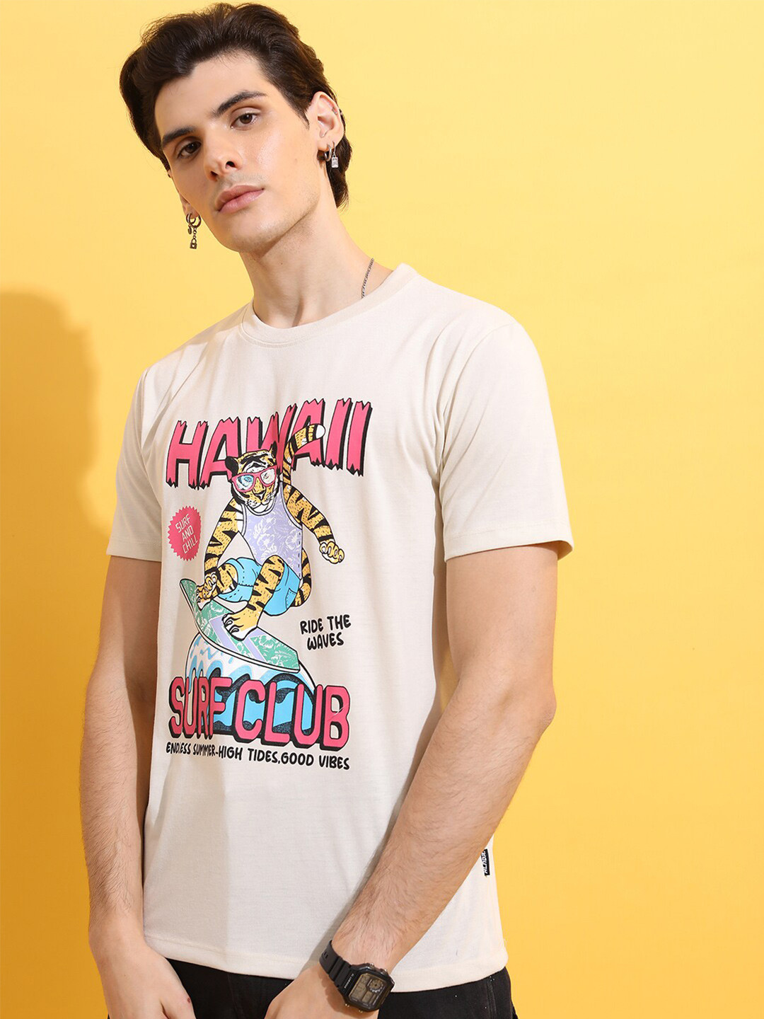 HIGHLANDER Cream-Coloured Typography Printed Relaxed Fit T-shirt
