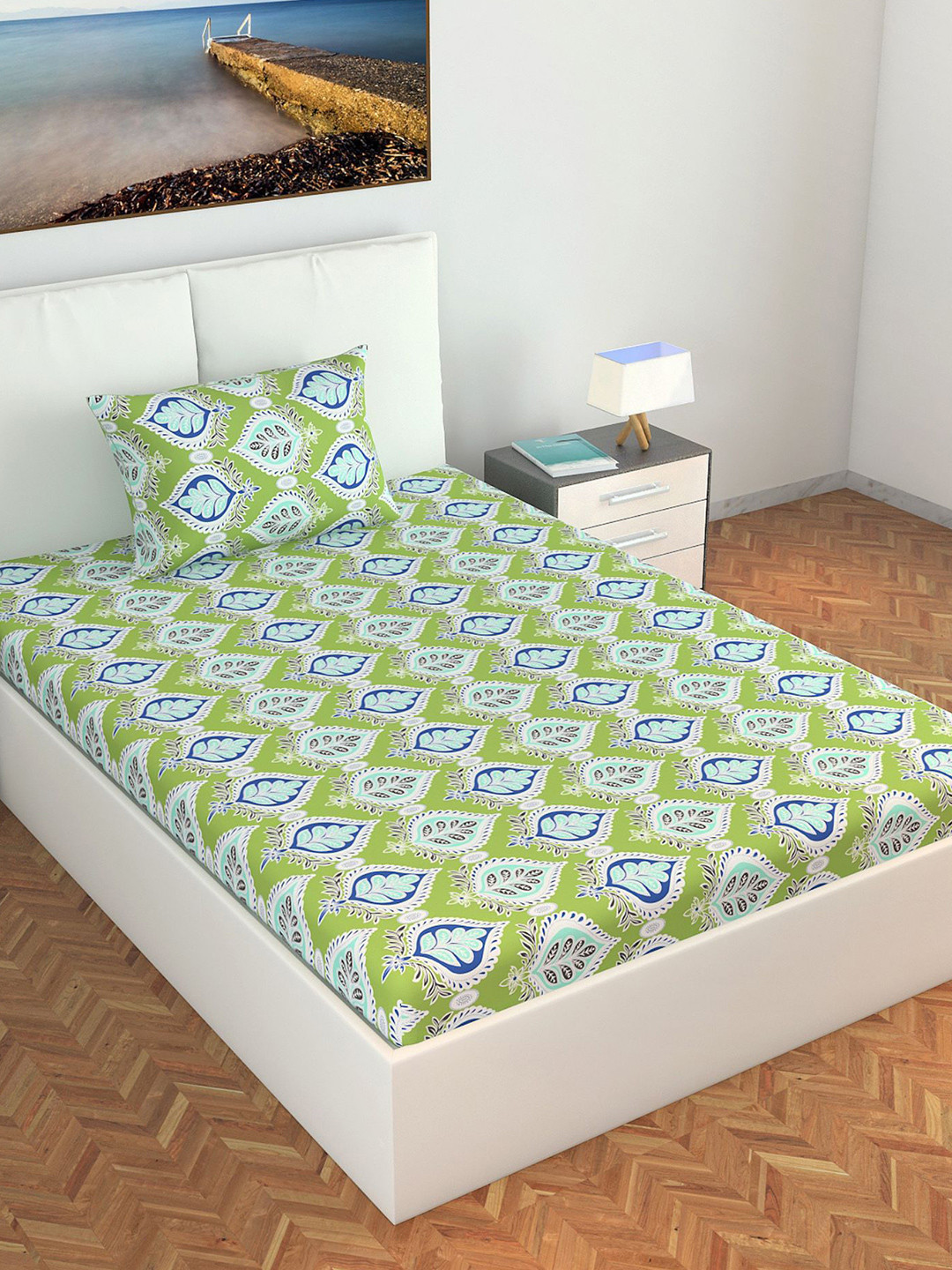 Divine Casa Prism Green Ethnic Motifs Pure Cotton 120 TC Single Bedsheet with 2 Pillow Covers-57 x 88 inches