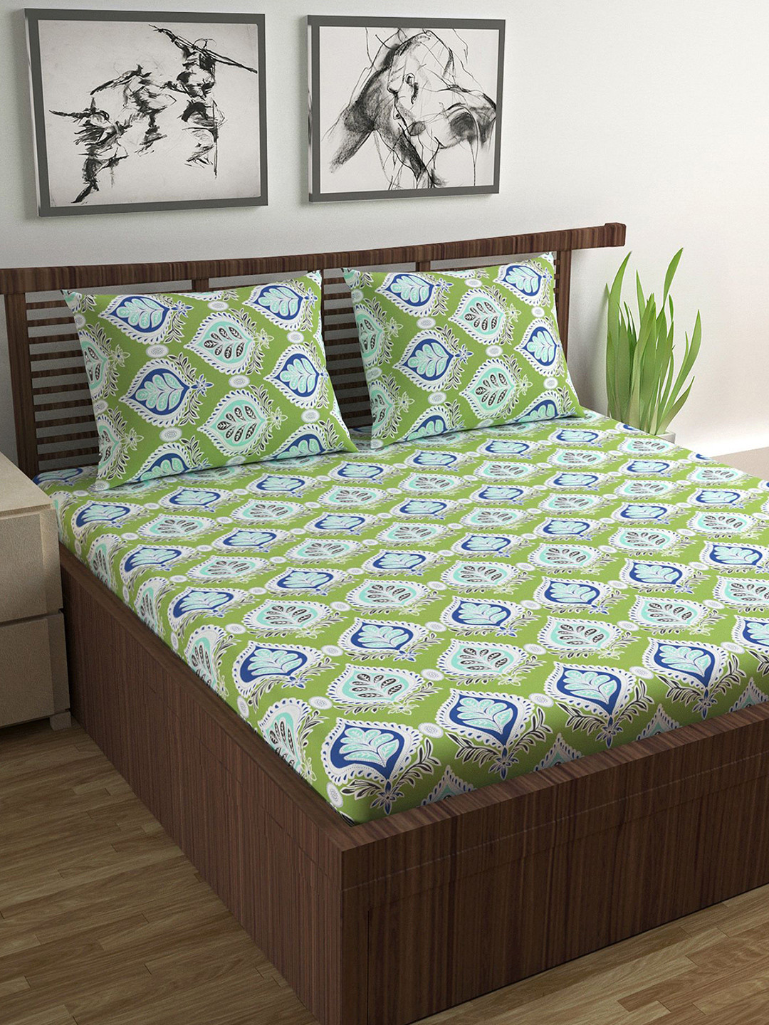 Divine Casa Prism Green Ethnic Motifs Pure Cotton Breathable 120 TC Fitted Queen Bedsheet with 2 Pillow Covers-87 x 100 inches