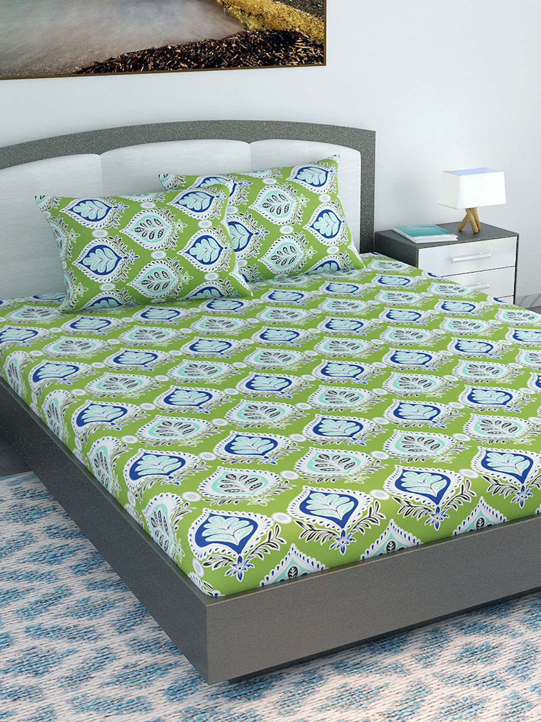 Divine Casa Prism Green Floral Cotton 144 TC King Bedsheet with 2 Pillow Covers-106 x 106 inches