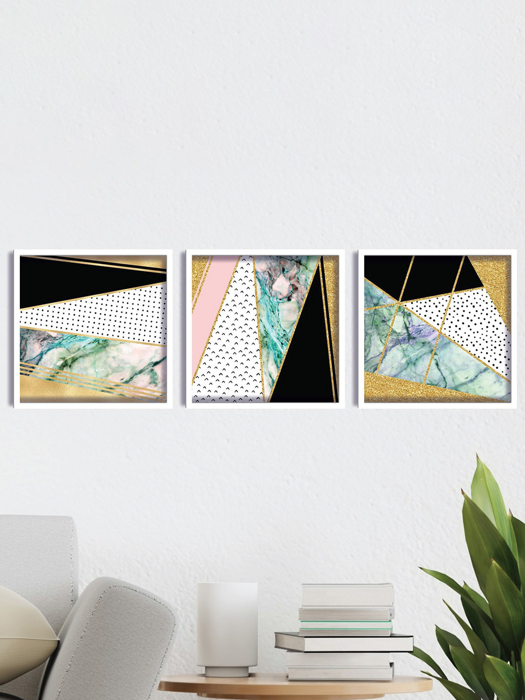 SAF 3-Pcs White & Green Modern UV Coating Painting Wall Art