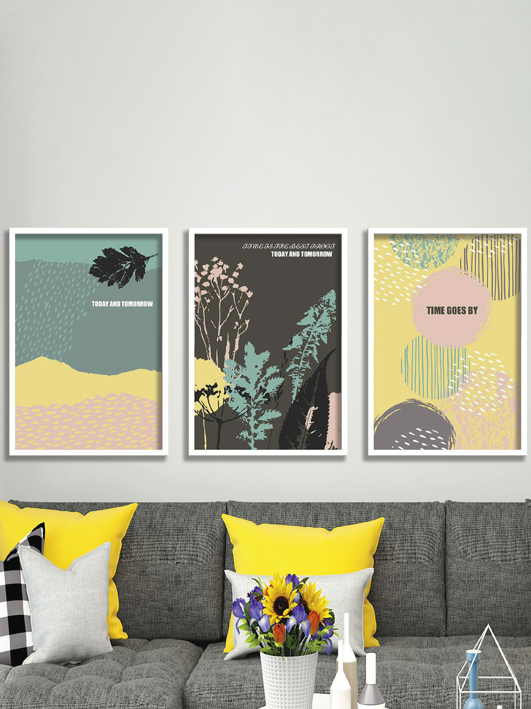 SAF 3-Pcs Grey & Yellow Modern Art Framed Wall Paintings