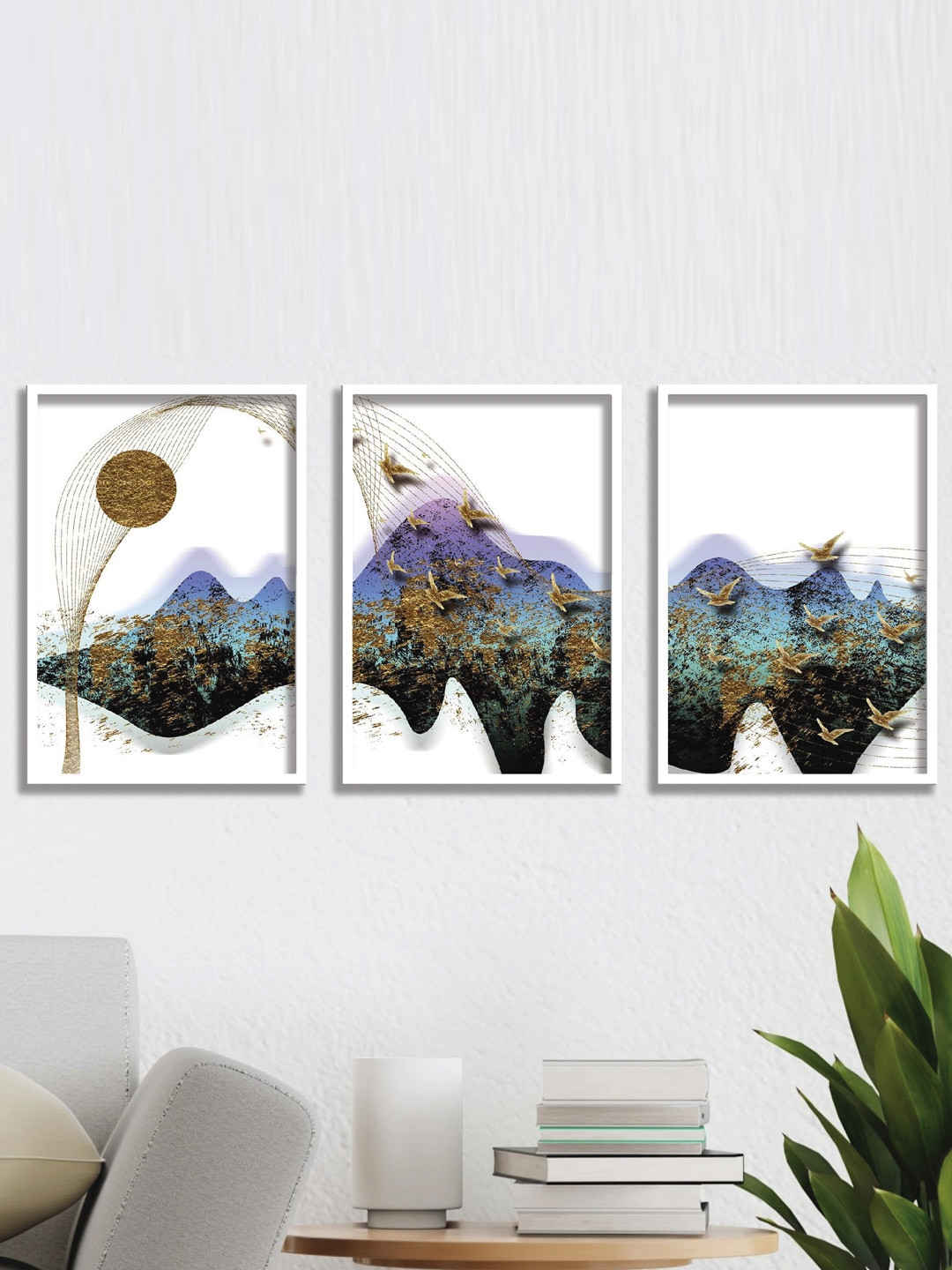 SAF Blue & White 3-Pieces Abstract Printed Framed Wall Art