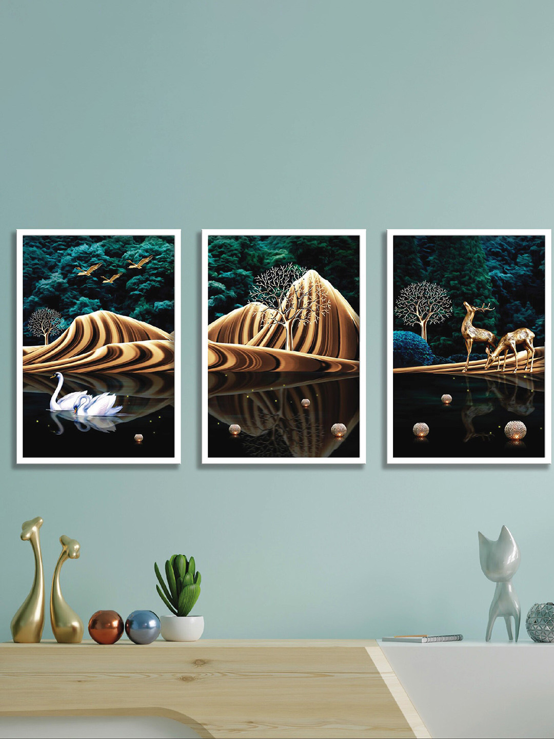 SAF Black & Green 3 Pieces Painting Wall Art