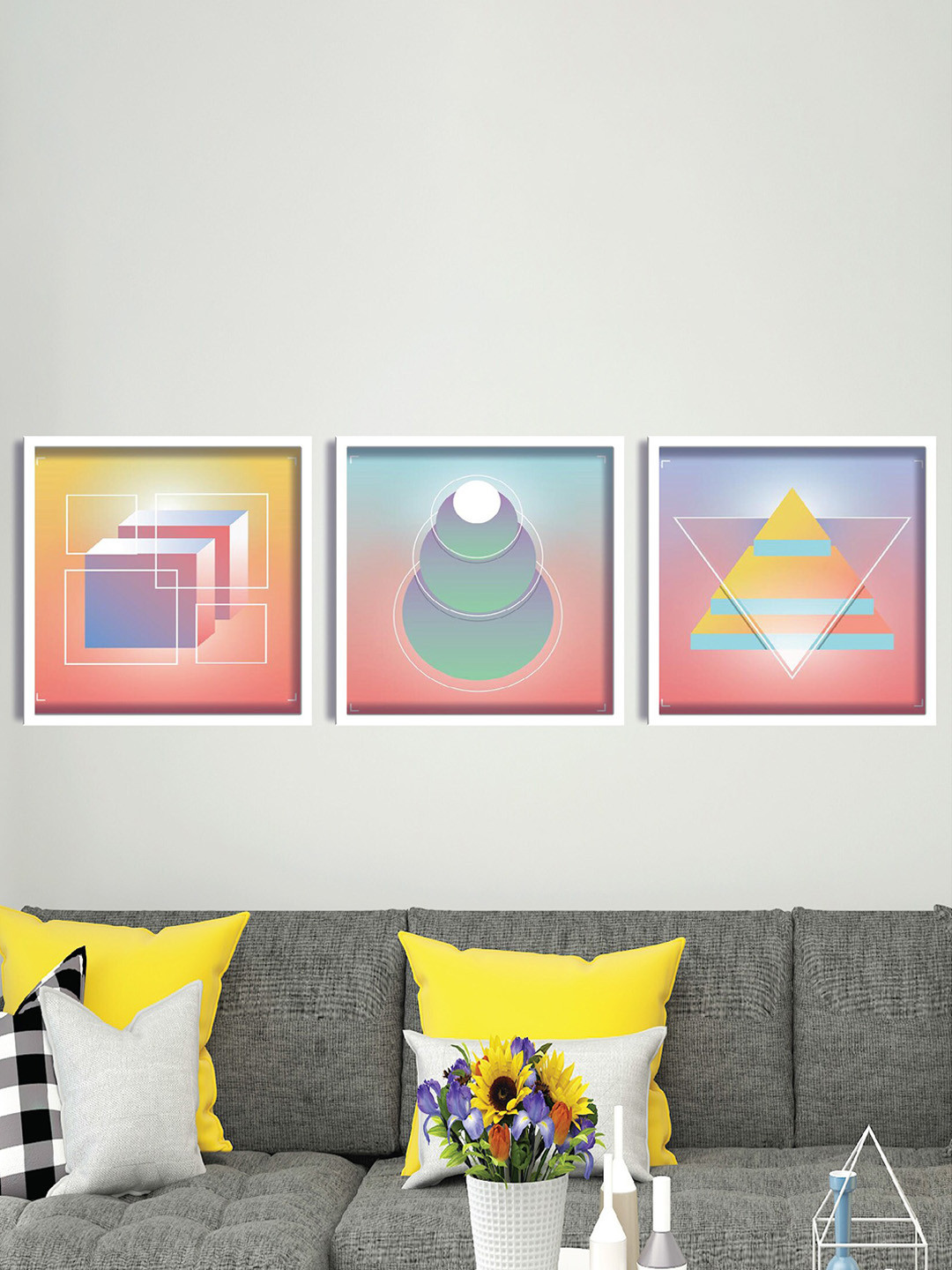 SAF Blue & Yellow 3 Pieces Geometrical Art Printed UV Coating Finish Framed Wall Paintings