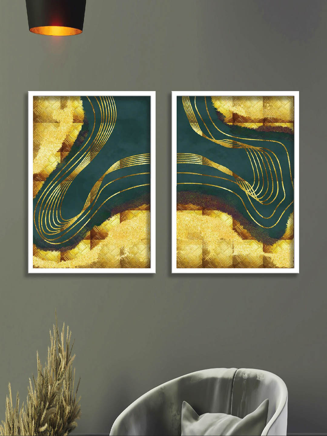 SAF Gold & Green 2 Pieces Printed UV Textured Premium Framed Wall Painting