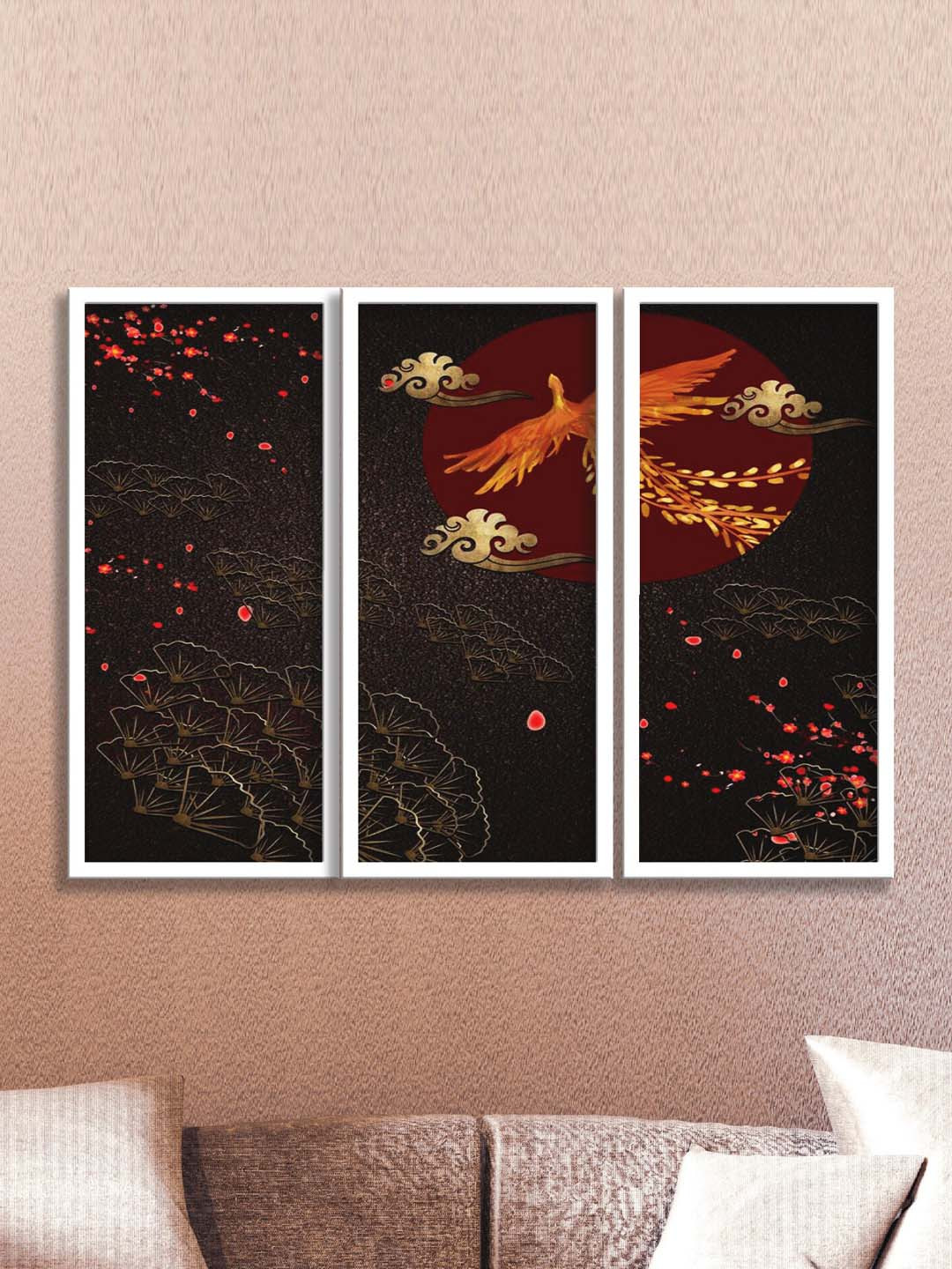 SAF Black & Maroon 3 Pieces Modern Art Painting Waterproof Wall Arts