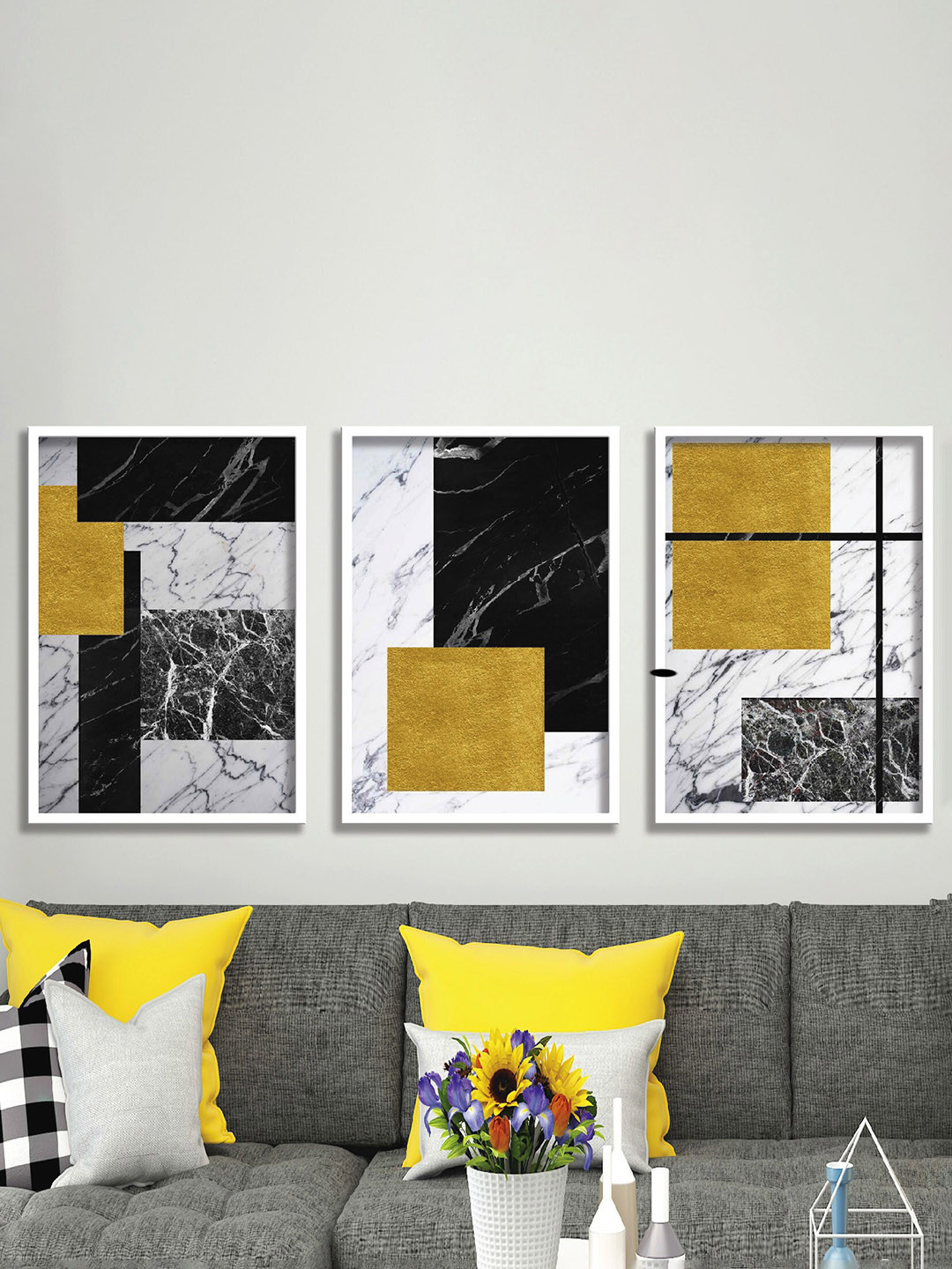 SAF Black & White 3 Pieces Modern Painting Waterproof Wall Arts