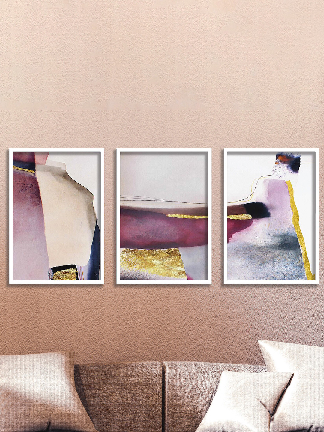 SAF Pink & Beige 3 Pieces Abstract Painting Wall Arts