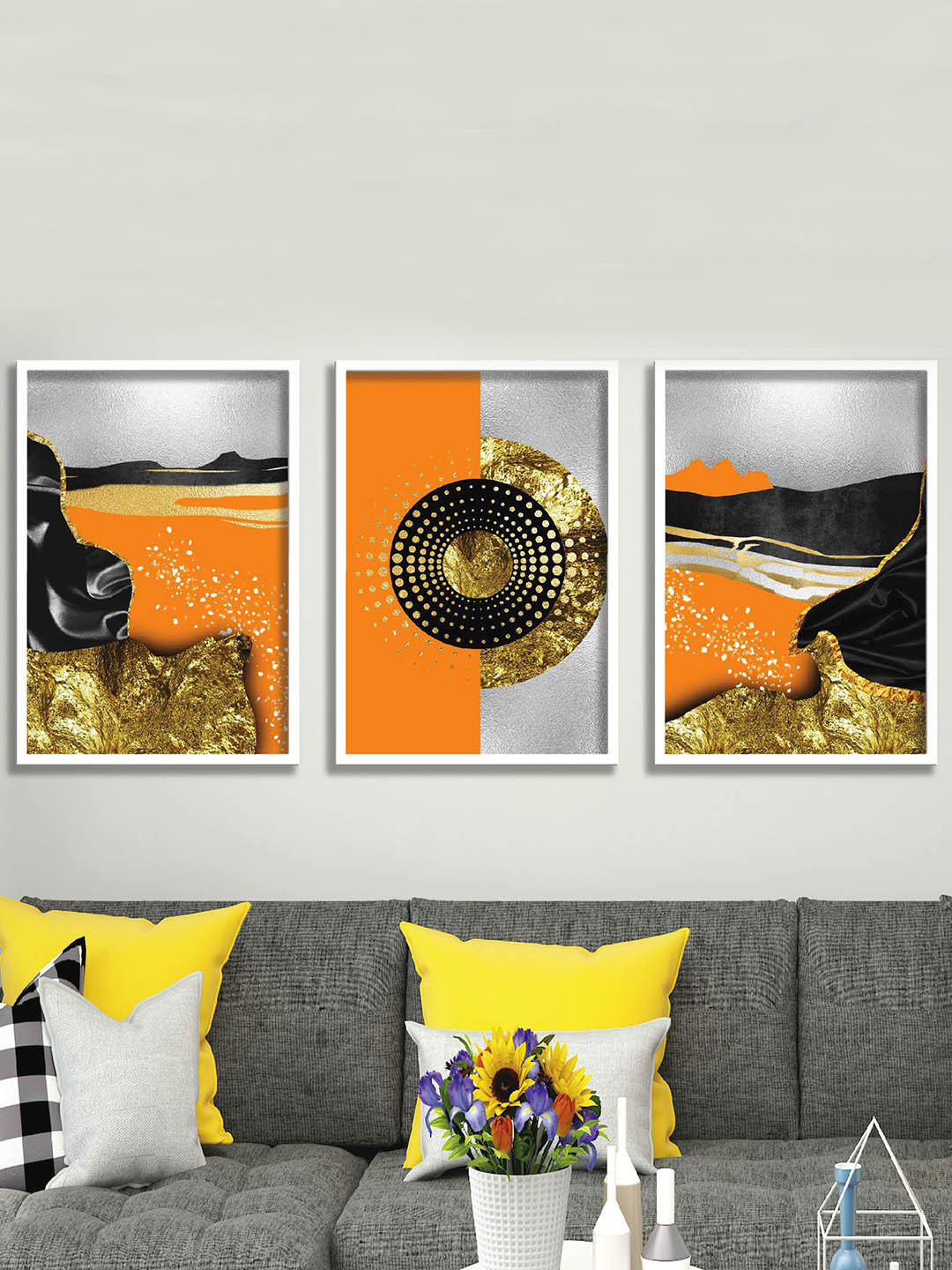 SAF Grey & Orange 3 Pieces Abstract Painting Wall Arts