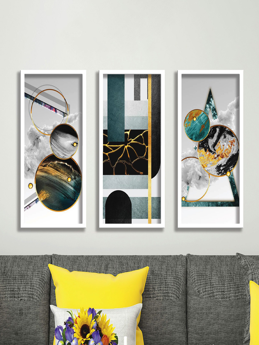 SAF Grey & Teal Green 3 Pieces Abstract Painting Wall Arts