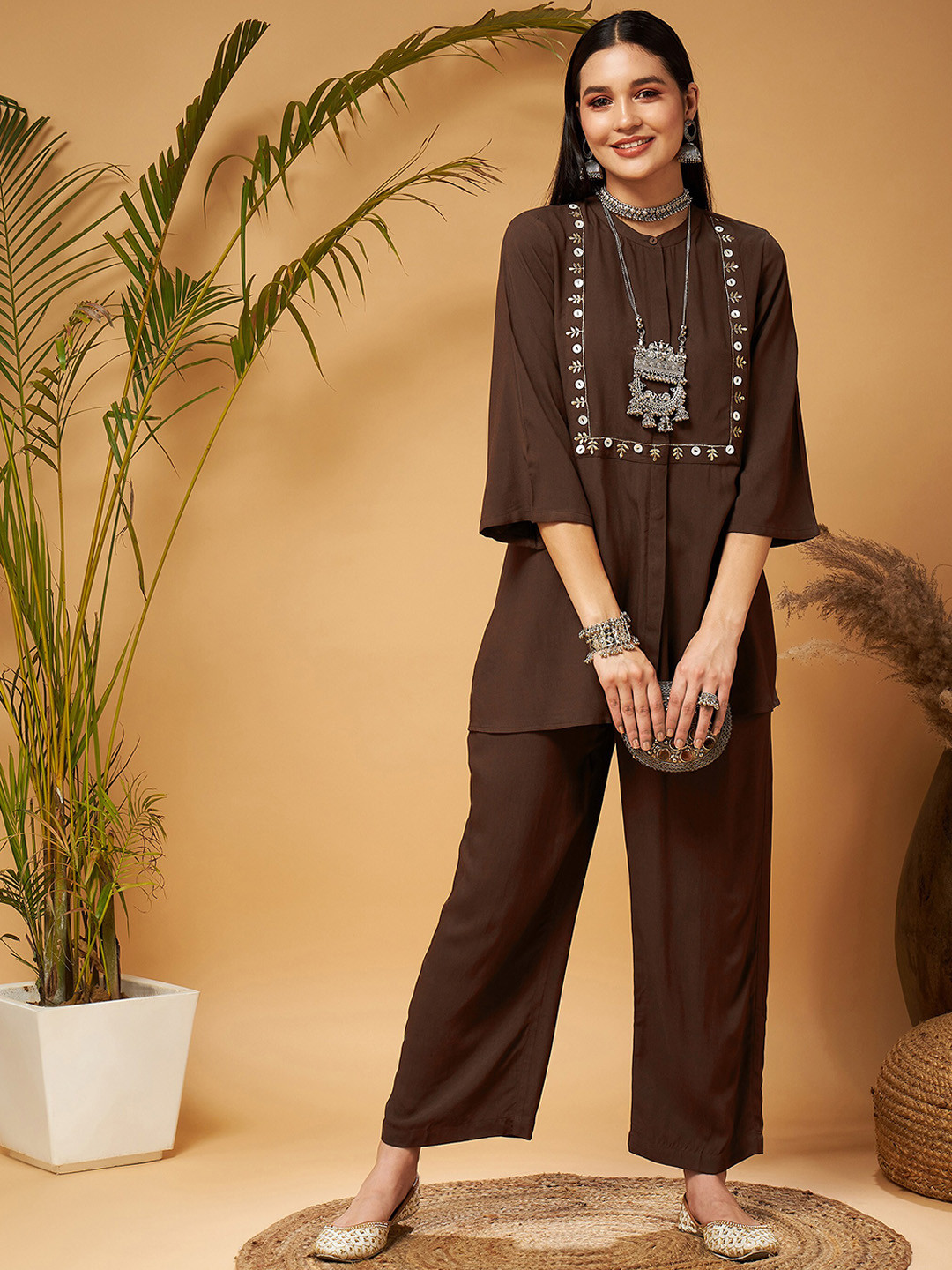 Shae by SASSAFRAS Embroidered Mandarin Collar A-Line Kurti With Palazzo