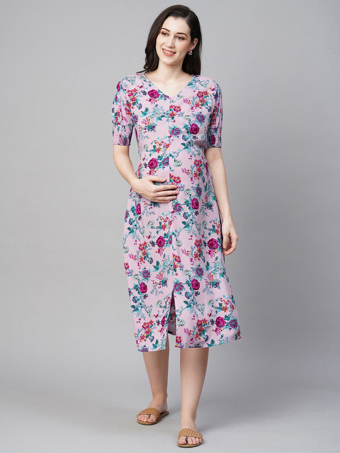 MomToBe Floral Printed Smocked Maternity A-Line Midi   Dress