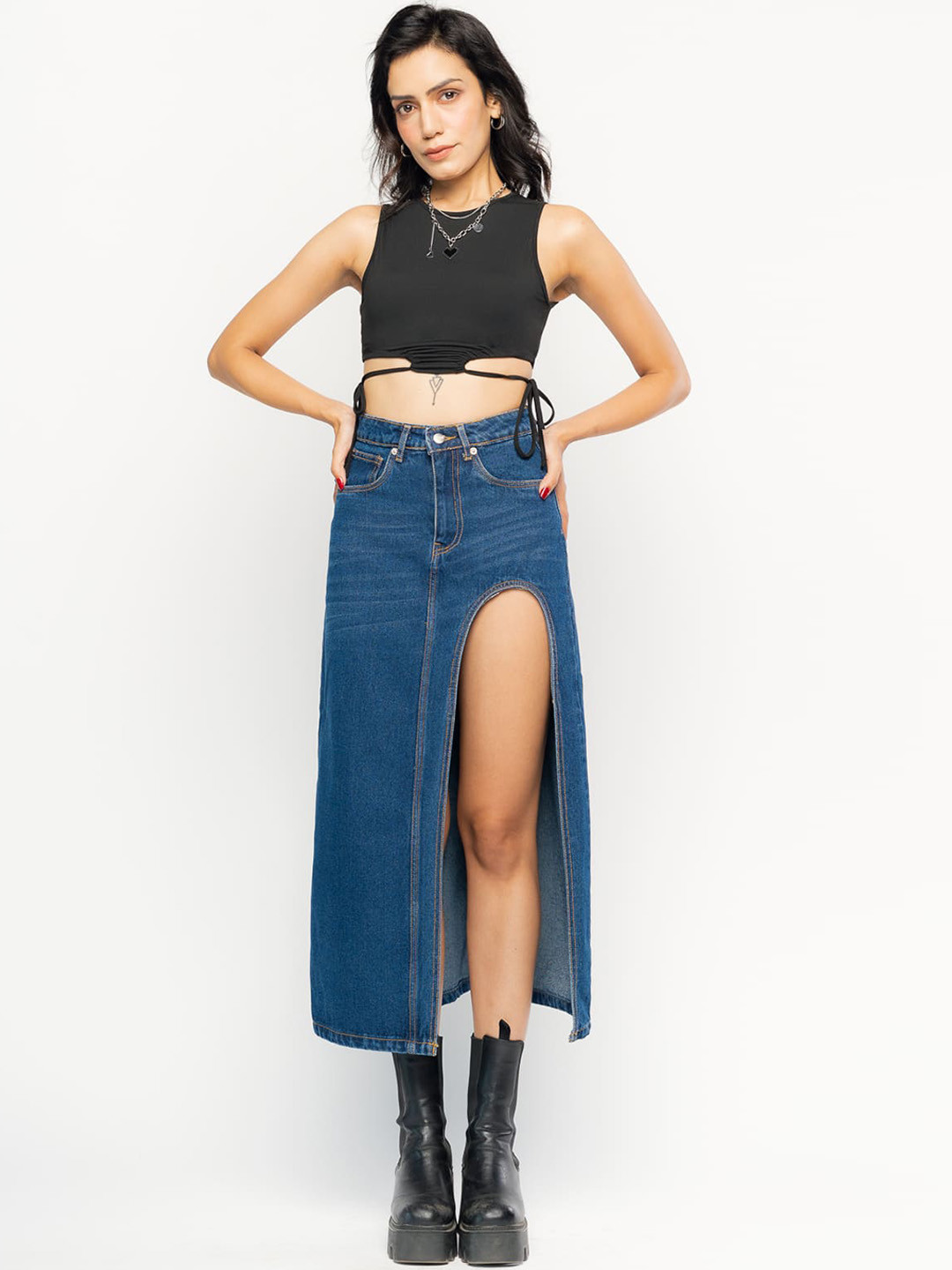 FREAKINS Blue Front High Slit Midi Denim Straight Skirts