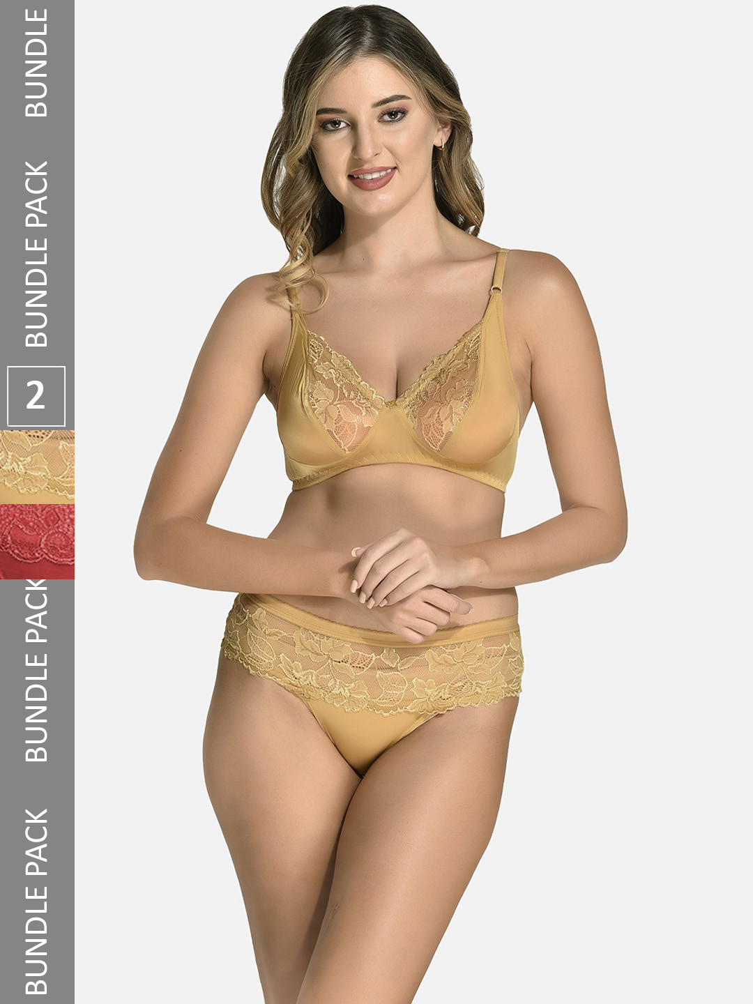 StyFun Pack Of 2 Laced Cotton Lycra Lingerie Set VM_CatSet_MaroonBeige_B
