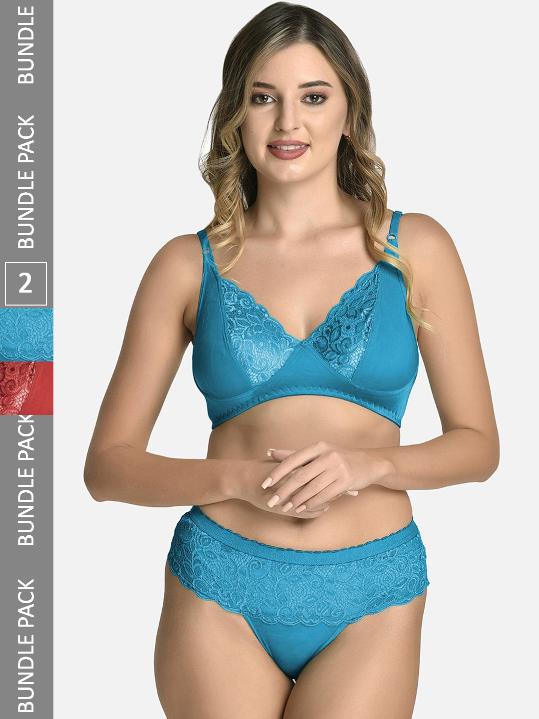 StyFun Pack Of 2 Self Designed Cotton Lycra Lingerie Set VM_CatSet_BlueMaroon_B