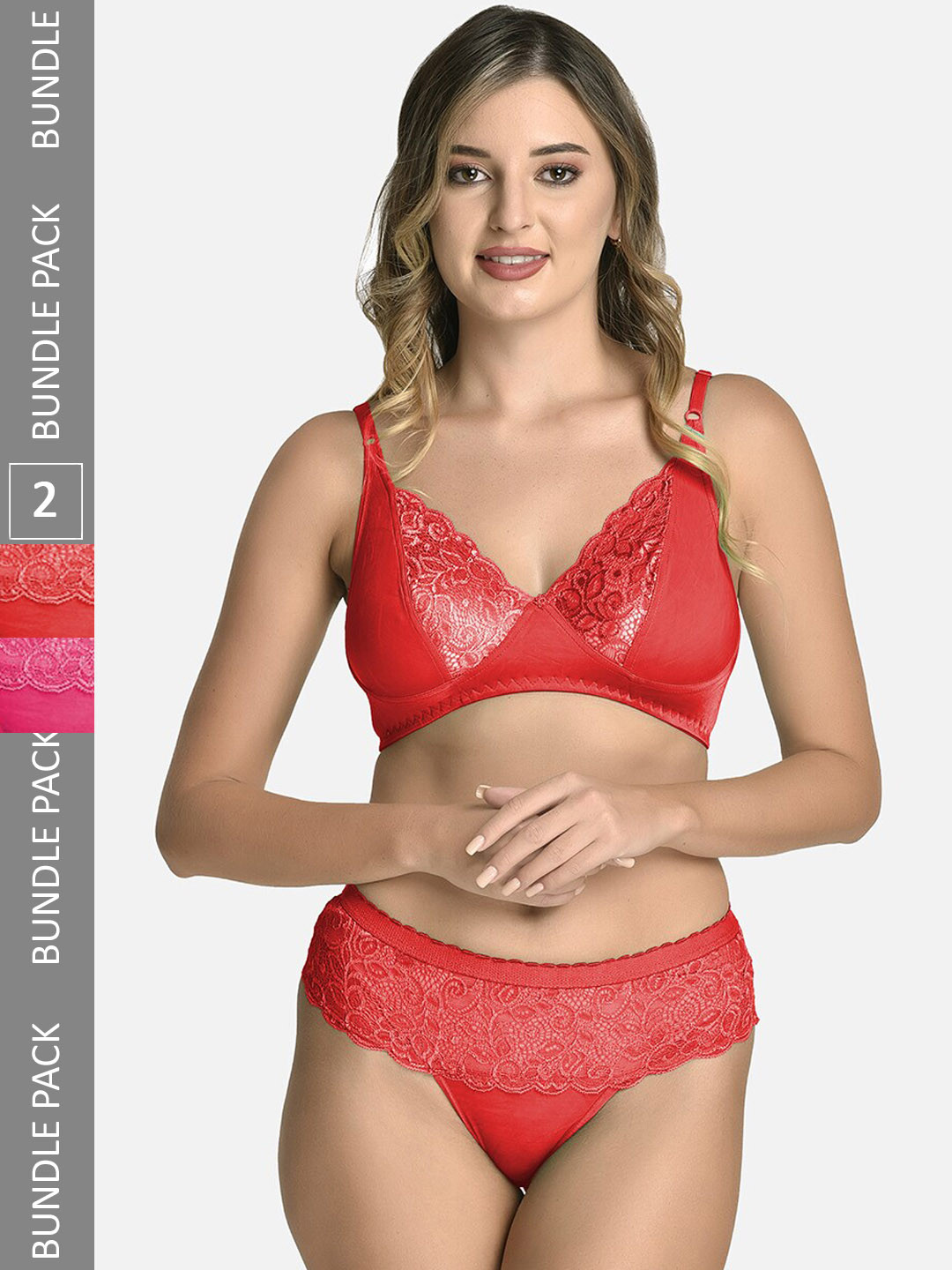 StyFun Pack Of 2 Self Designed Cotton Lycra Lingerie Set VM_CatSet_PinkRed_B
