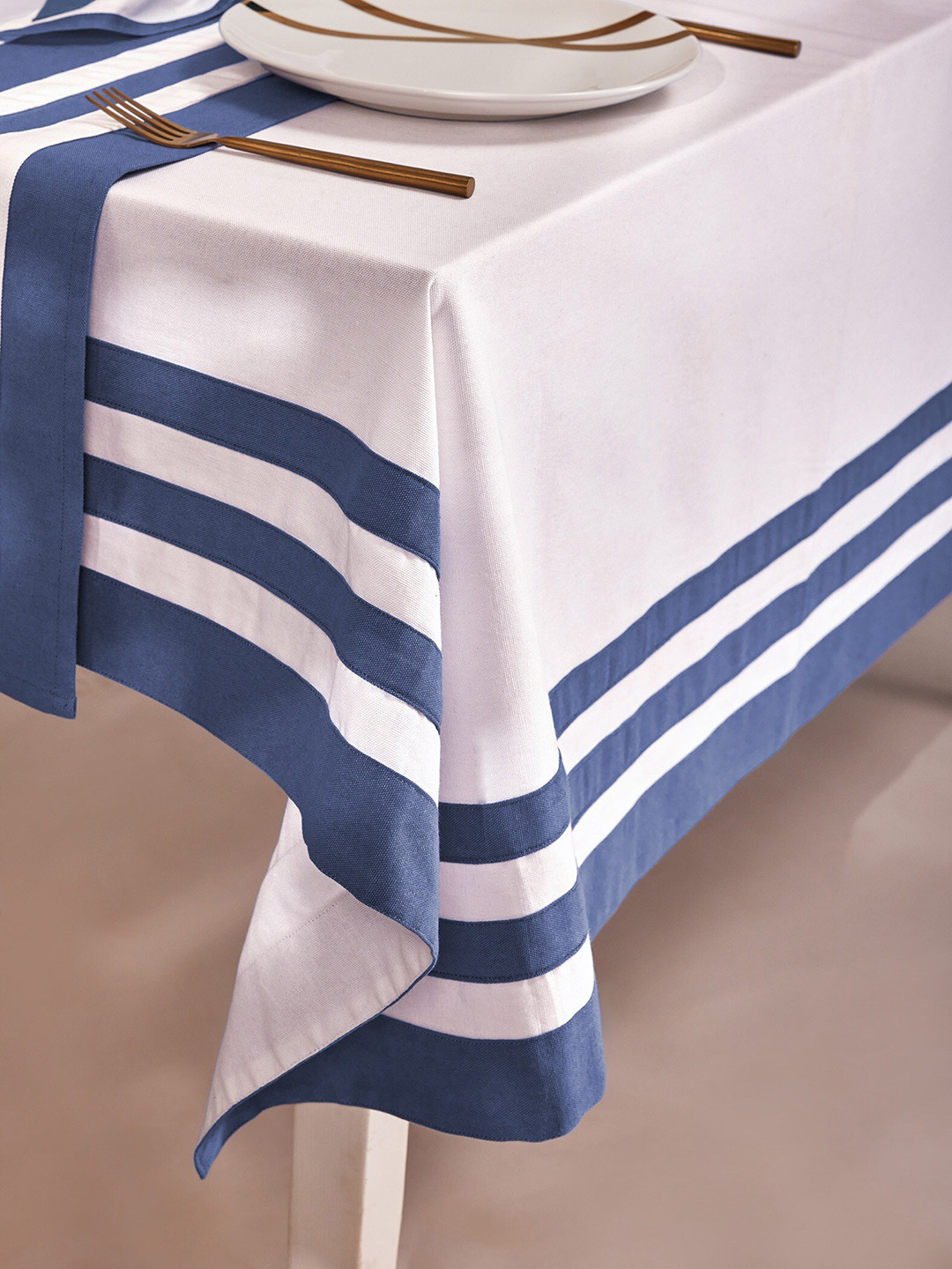 The Label Life White & Blue Cotton 4-Seater Table Cover