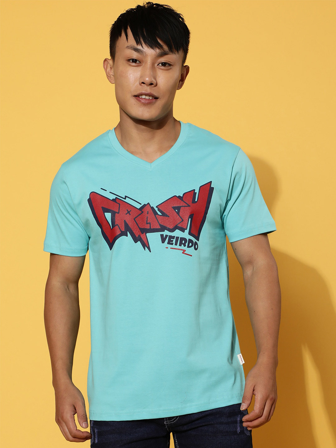 VEIRDO Blue Typography Printed Cotton T-shirt