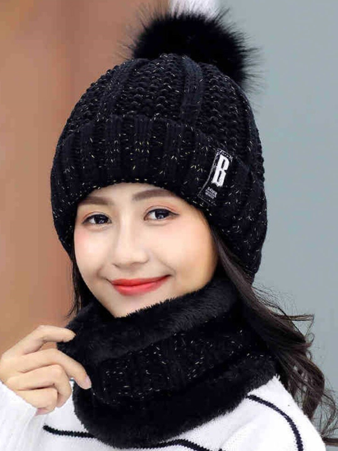 Alexvyan Women POM-POM Thermal Soft Knitted Warm Winter Woolen Cap & Neck Scarf