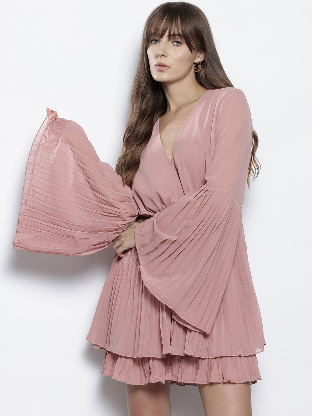 NA-KD Bell Sleeve Accordion Pleats Fit & Flare Dress