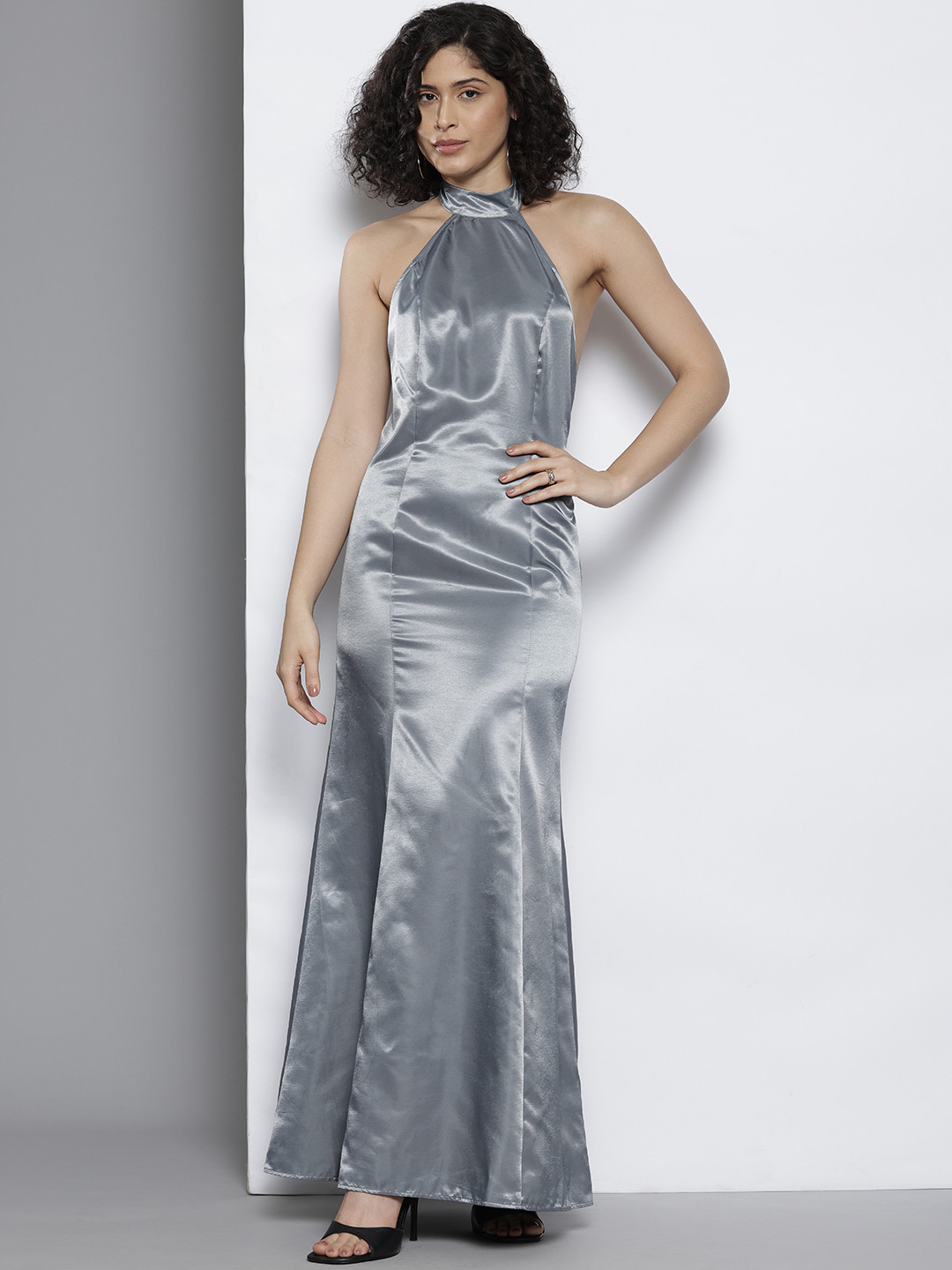 NA-KD Satin Finish High Neck Open Back Maxi Dress