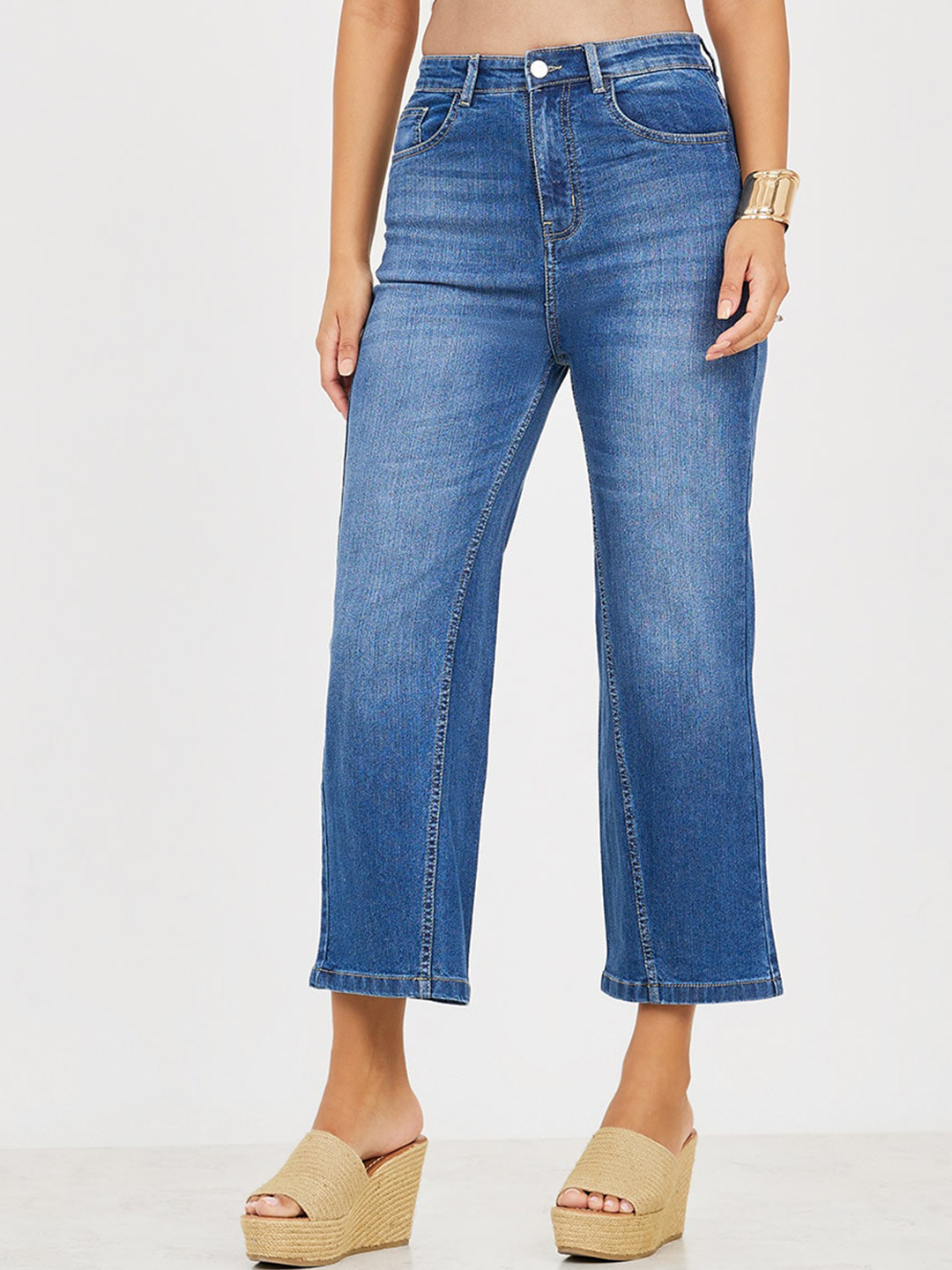 Styli Women's Straight Leg Cut & Sew Denim Cropped Jeans