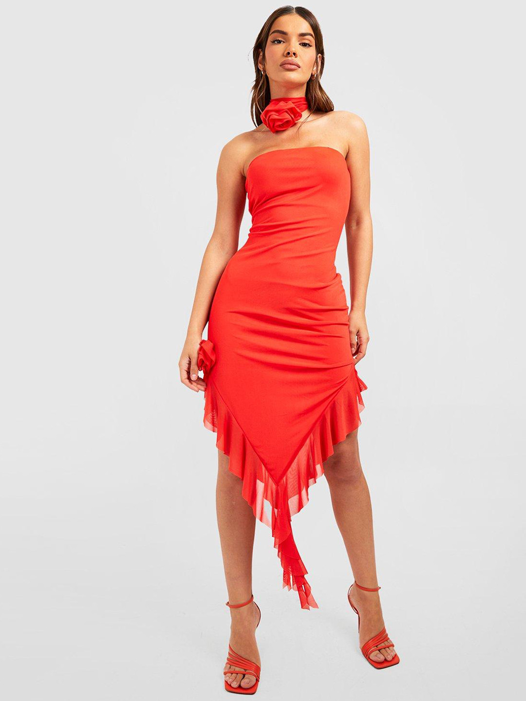 Boohoo Bandeau Bodycon Midi Dress with Corsage Choker