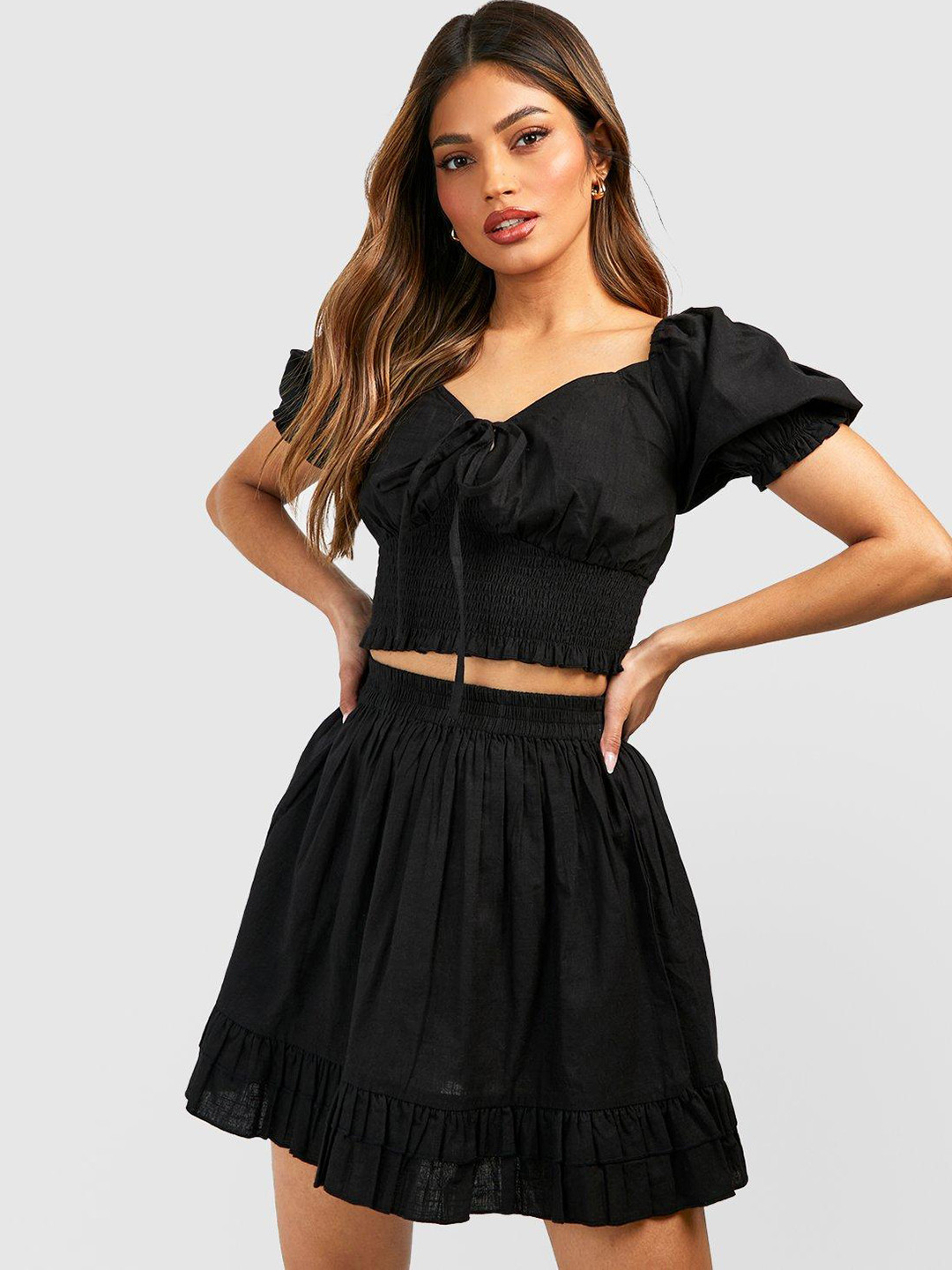Boohoo Shirred Puff Sleeve Top & Ruffle Hem Skirt