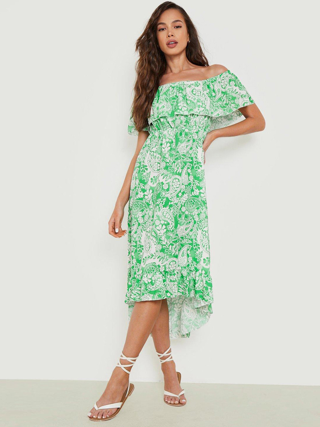 Boohoo Paisley Print Bardot Layered Midi A-Line Dress