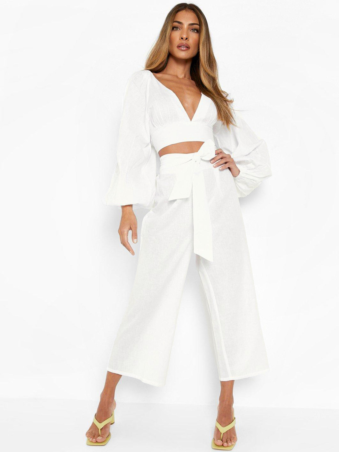 Boohoo Solid Balloon Sleeve Crop Top & Wide Leg Trousers