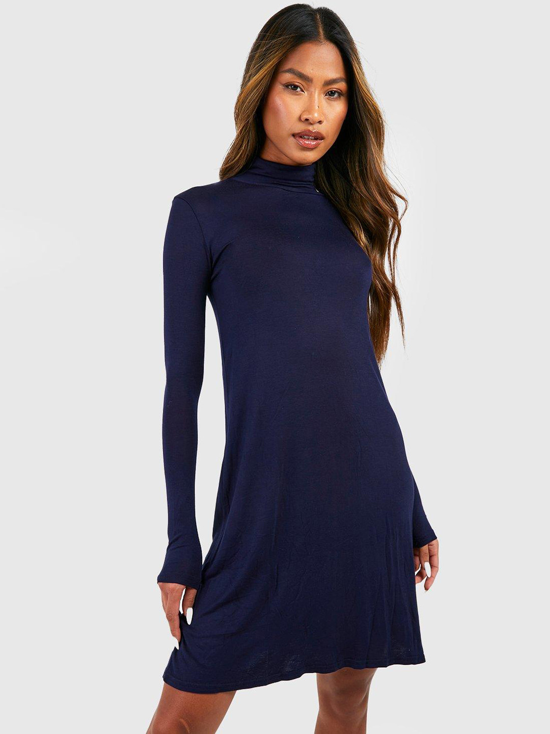 Boohoo Basic Roll Neck Long Sleeve Swing Dress