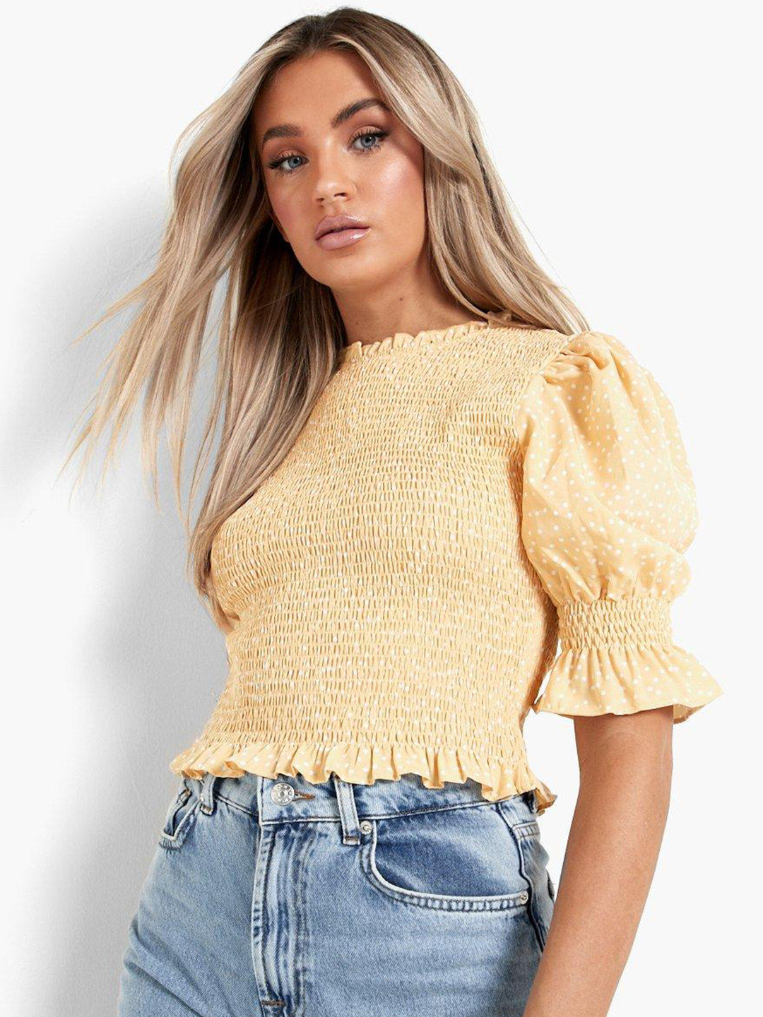 Boohoo Polka Dot Print Smocking Top