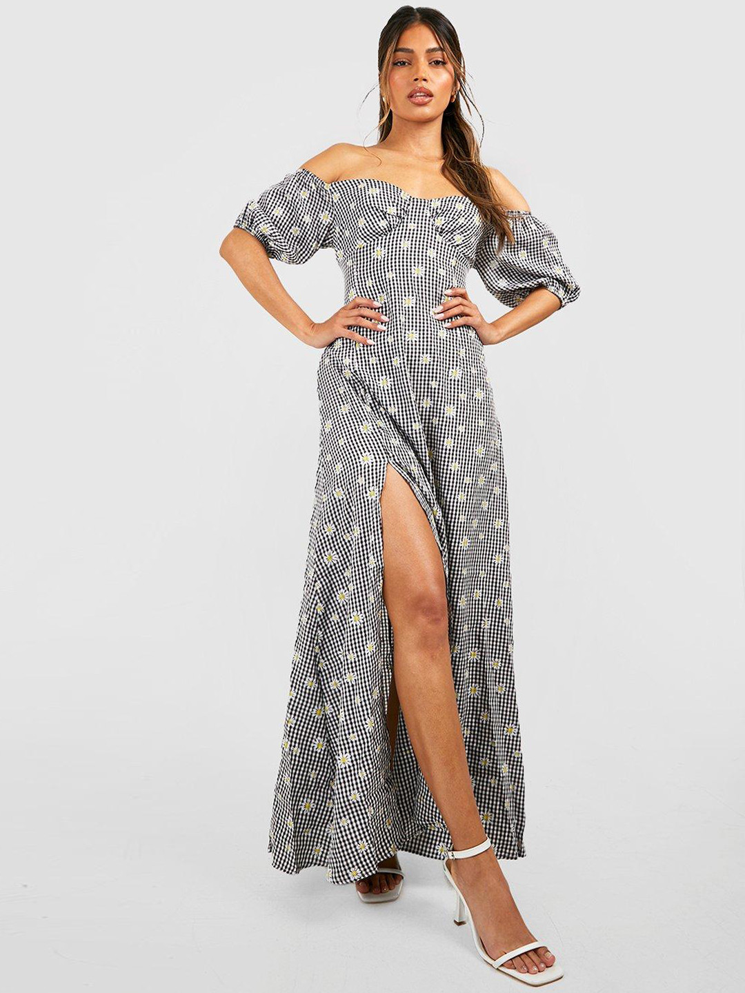 Boohoo Checked Off-Shoulder Slit Maxi Dress