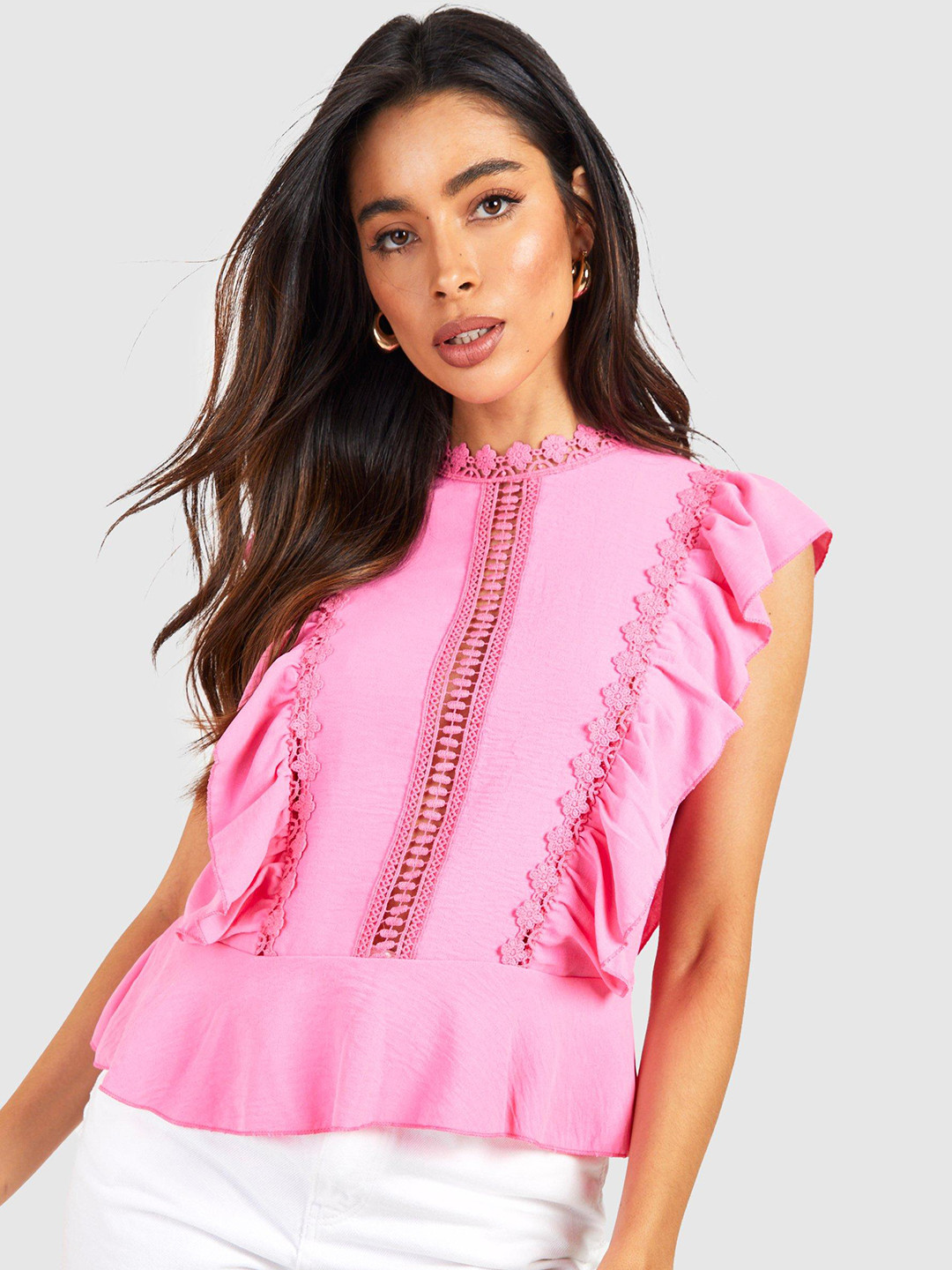 Boohoo Linen Look Lace-Inserts Detail Top