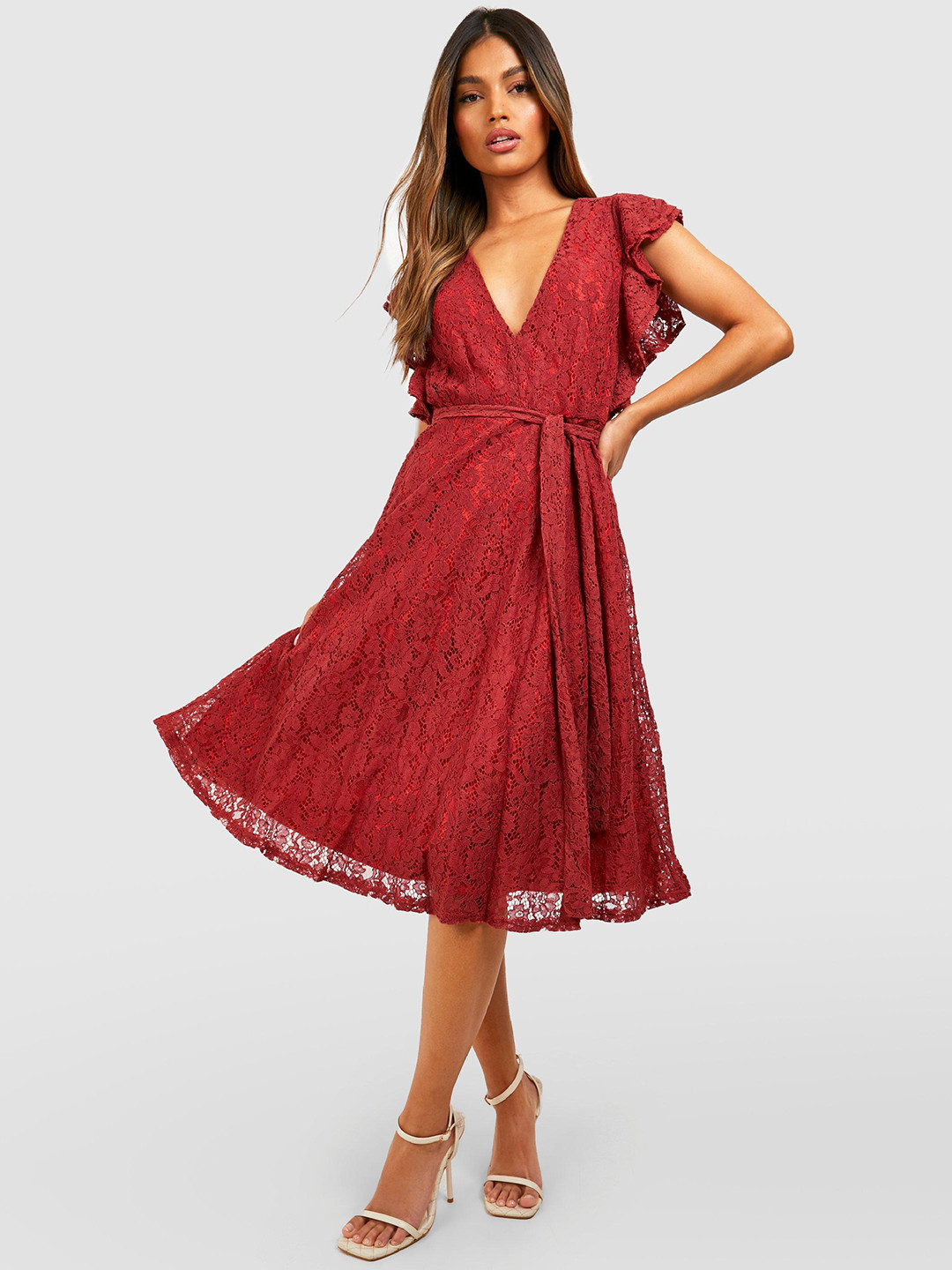 Boohoo Ruffled Lace A-Line Midi Dress