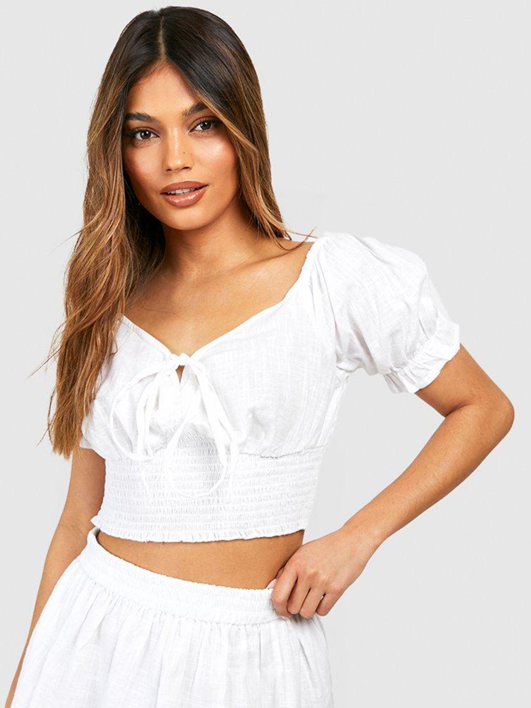 Boohoo Sweetheart Neck Smocked Detail Crop Top with A-Line Skirt