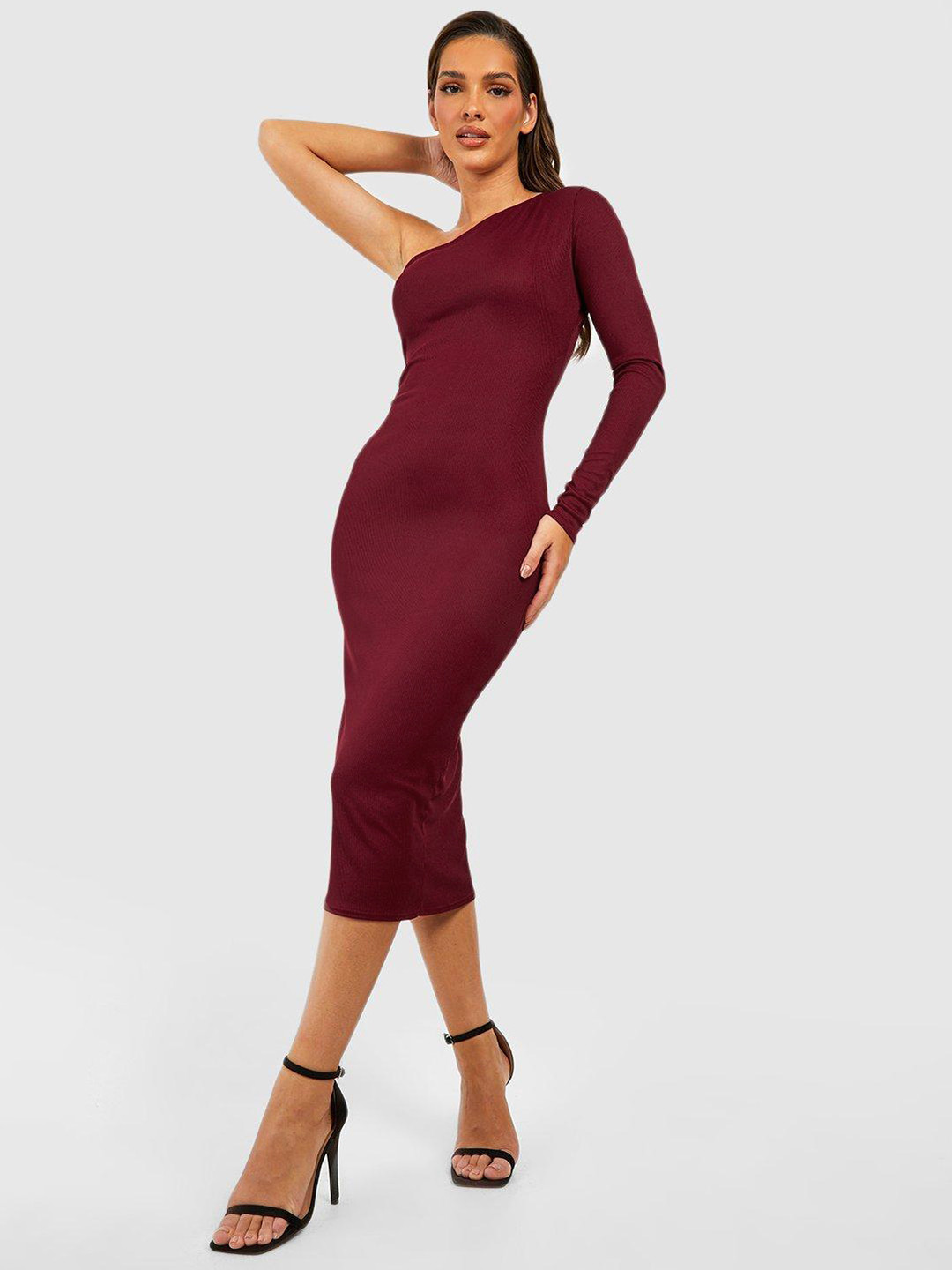 Boohoo Ribbed One Shoulder Sheath Midi Dress