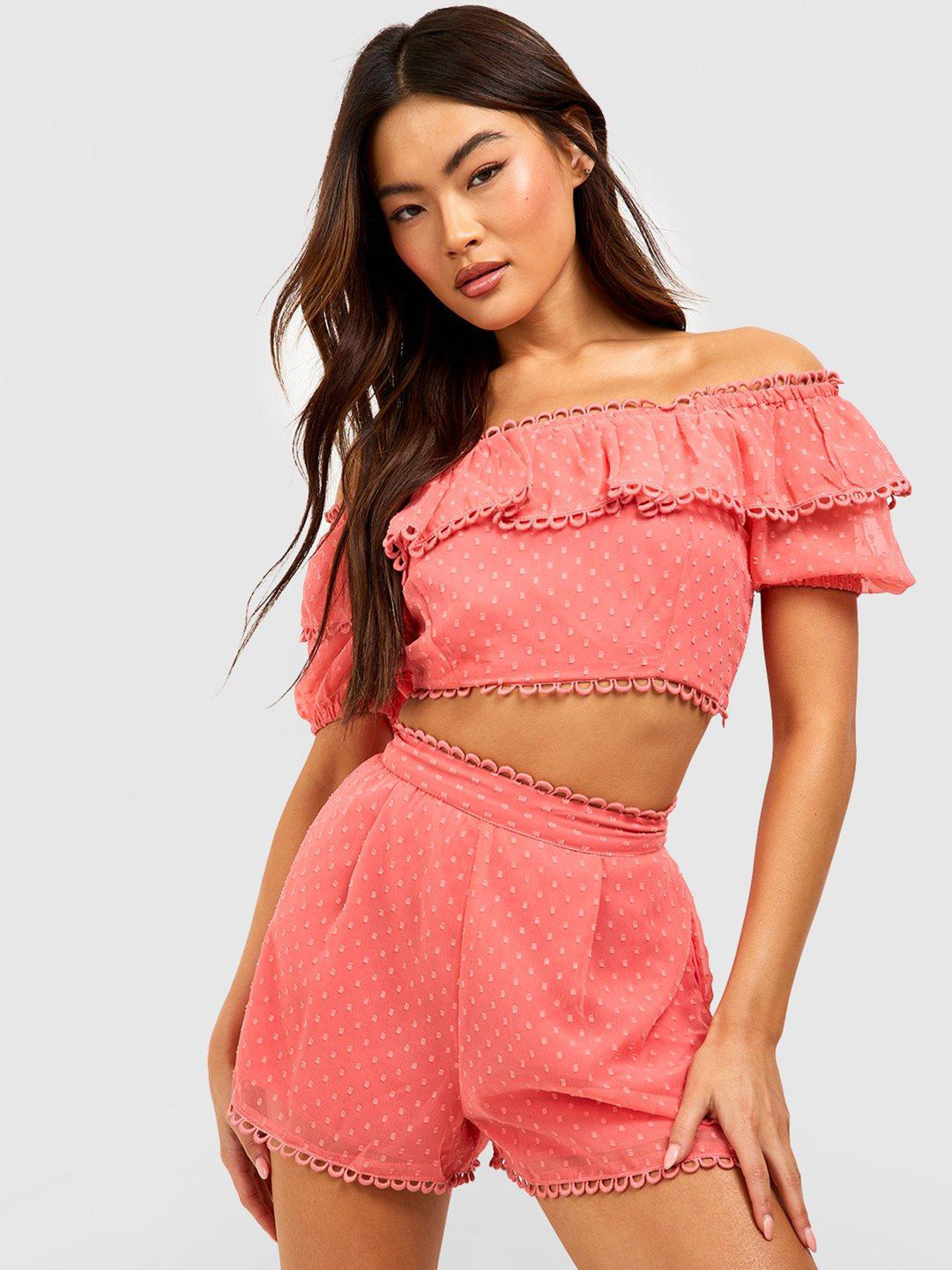 Boohoo Dobby Weave Ruffled Detail Off-Shoulder Crop Bardot Top with Shorts