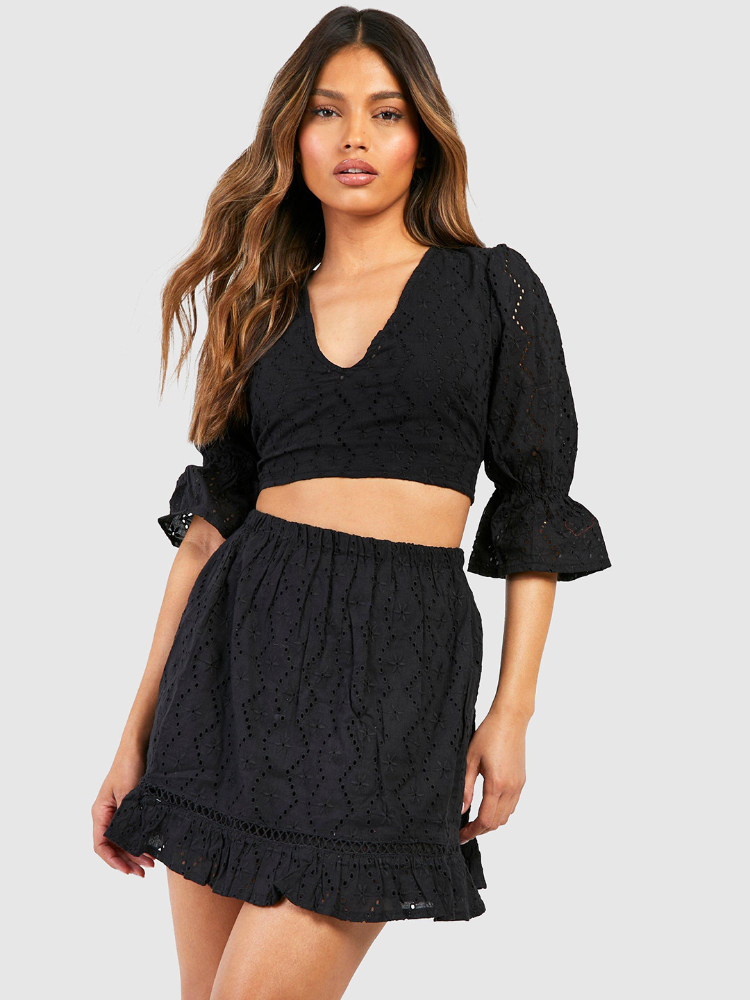 Boohoo Schiffli Styled Back Pure Cotton Crop Top with A-Line Skirt